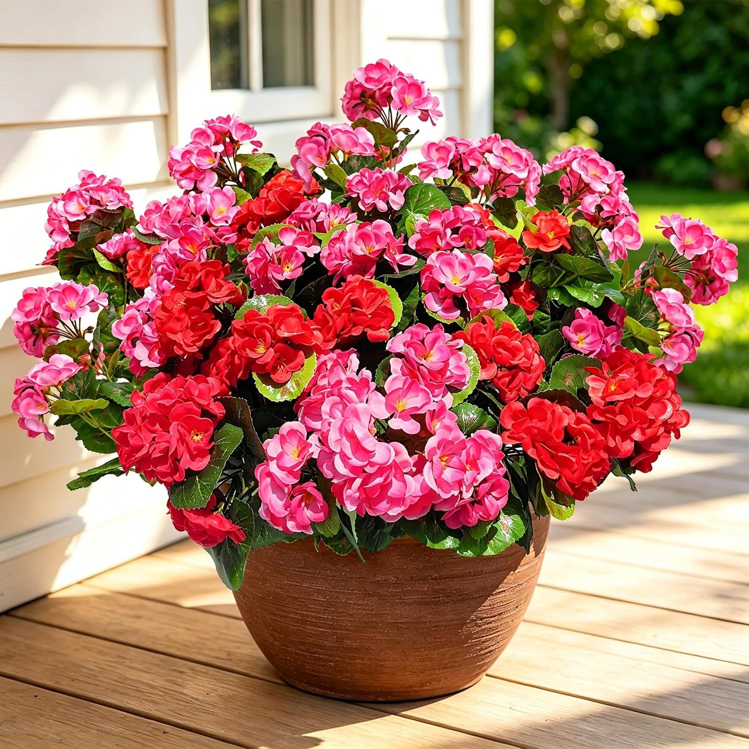 12 Bundles Artificial Geranium Fake Flowers for Outdoor UV Resistant, Outside Spring Red Pink Flower Decoration for Home Kitchen Table Cemetery Garden Planter, Front Door Silk Faux Plants