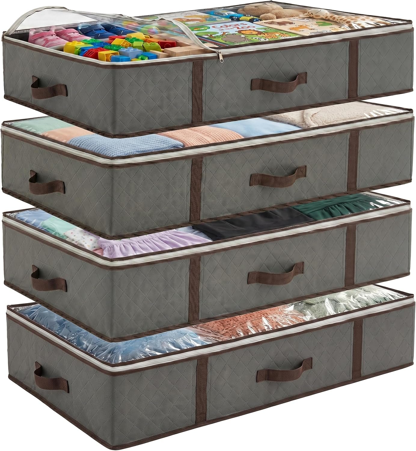 Underbed Storage Bags 4-Pack – Foldable Under Bed Storage Organizer for Clothes, Bedroom Blankets, Comforter, Pillows, Linen Sheets, Towels, Sweaters, Shoe Drawers – Ideal for College Dorms (Grey)