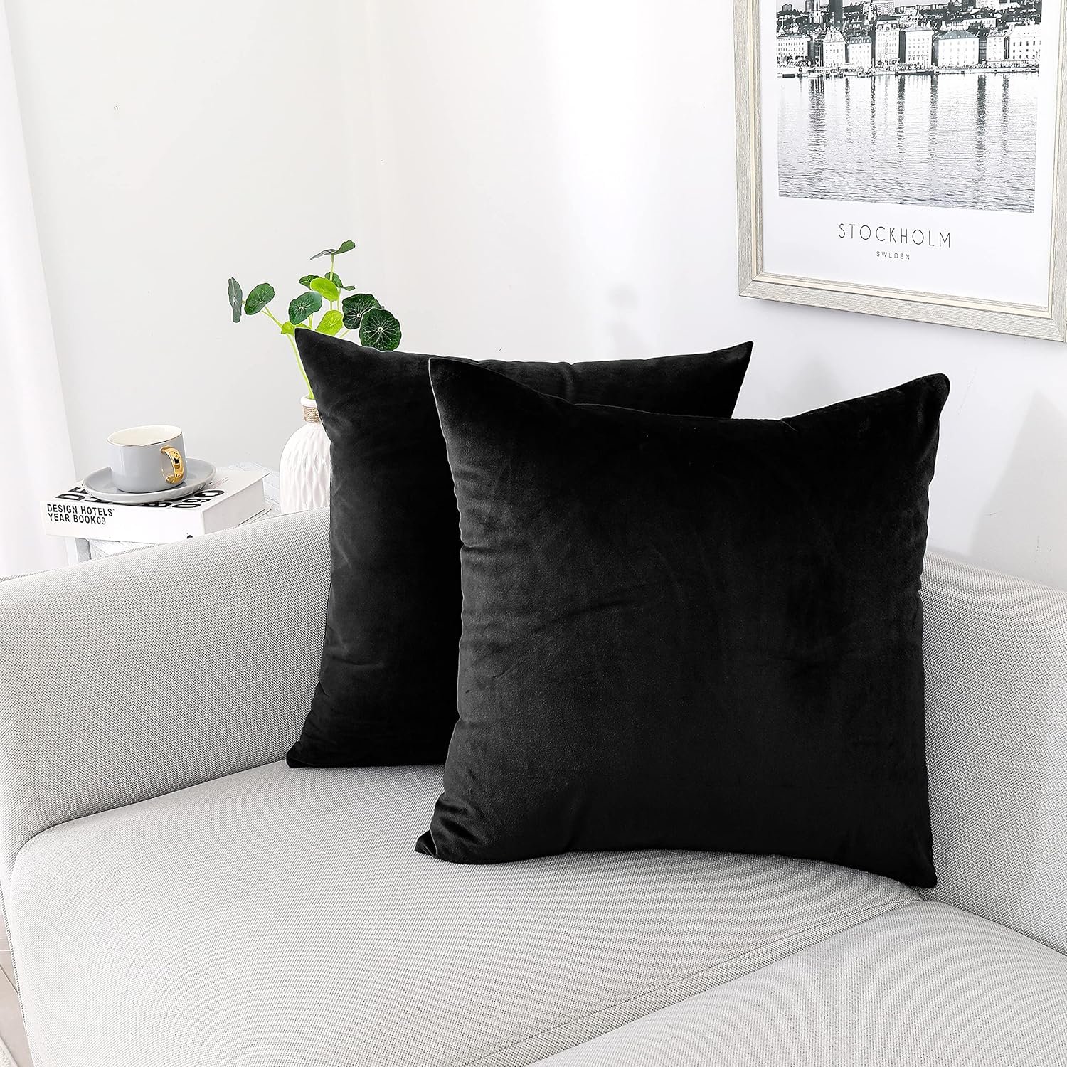 NiNi ALL Black Velvet Throw Pillow Covers 18×18 Inch Pack of 2 Soft Decorative Solid Square Cushion Cases for Couch, Sofa,Bedroom Modern Luxury Home Decor