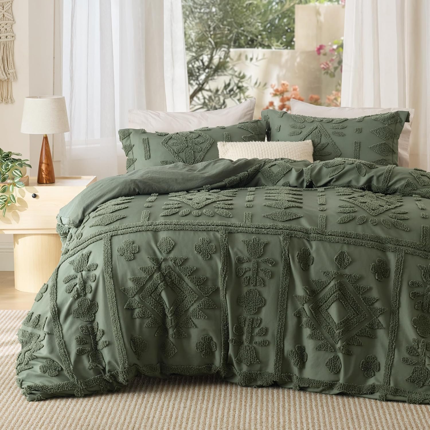 Bedsure Boho Duvet Cover King Size, Soft & Comfortable Elegant Design Boho Bedding for Decoration, Machine Washable Comforter Cover for All Seasons,Includes 1 Duvet Cover & 2 Pillow Shams,Olive Green