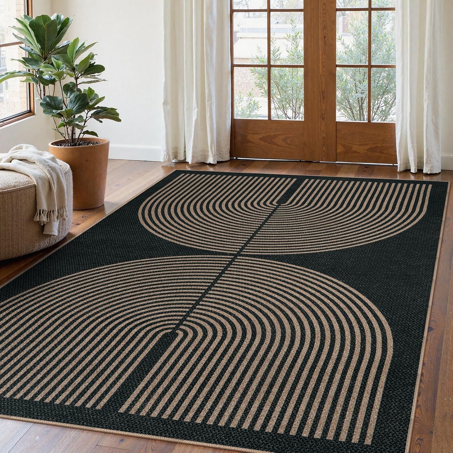 Lahome Modern Rainbow Easy Jute Carpet, Washable 5×7 Area Rugs for Living Room Patio Black Farmhouse Indoor Outdoor Rugs, Contemporary Natural Non Slip Floor Carpet for Office RV Backyard