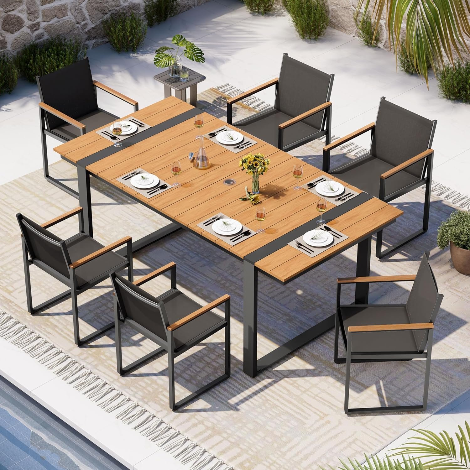 Outdoor Dining Set, HDPS + Aluminum Patio Table and Chairs Set with U-Shaped Base, 7 Piece Outdoor Furniture Set with Umbrella Hole, Patio Dining Table Set for Garden, Backyard (Gray-Teak)