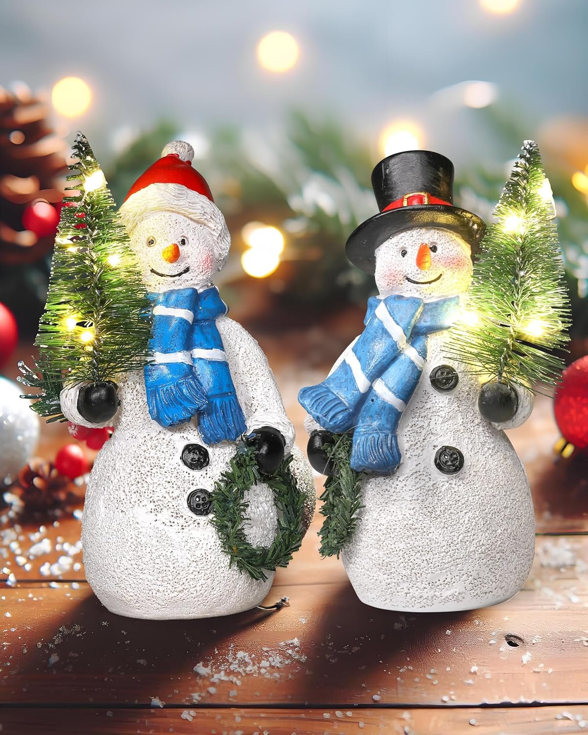 GoGnome Duo 5” Resin Snowman Figurines with Lighted Christmas Tree Wreath – Christmas Decorations Indoor Snowman Decor Ornaments Centerpiece – Winter Holiday (Snowmen)