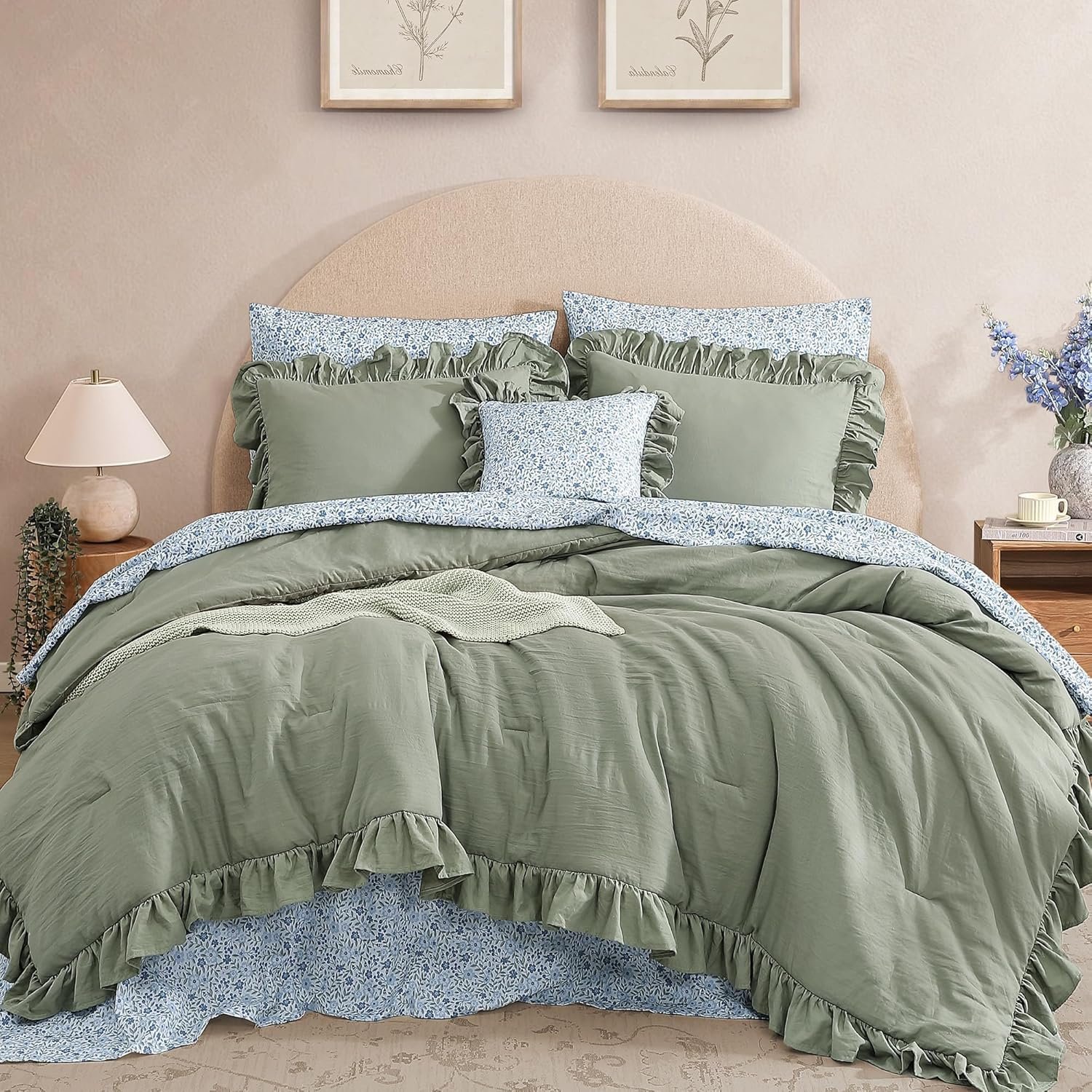 BLOOMHAVEN Queen Comforter Set – 7 Pieces Ruffle Sage Green Bedding Sets, Shabby Chic Farmhouse Bed in a Bag Queen with Ruffle Comforter, Floral Sheets, Pillowcases & Shams