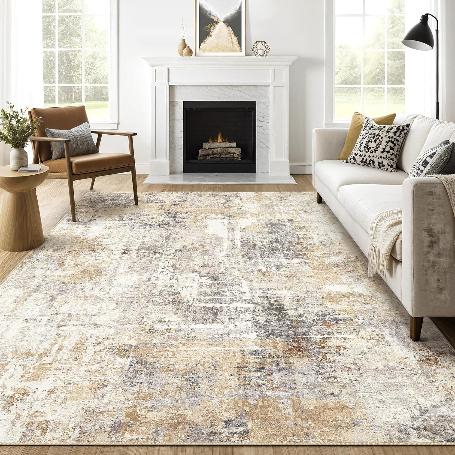 Area Rugs 9×12 Living Room: Washable Large Abstract Neutral Modern Soft Rugs Stain Resistant Indoor Floor Non-Slip Accent Carpet for Bedroom Nursery Playroom Office Dining Room Home Decor- Gray Gold