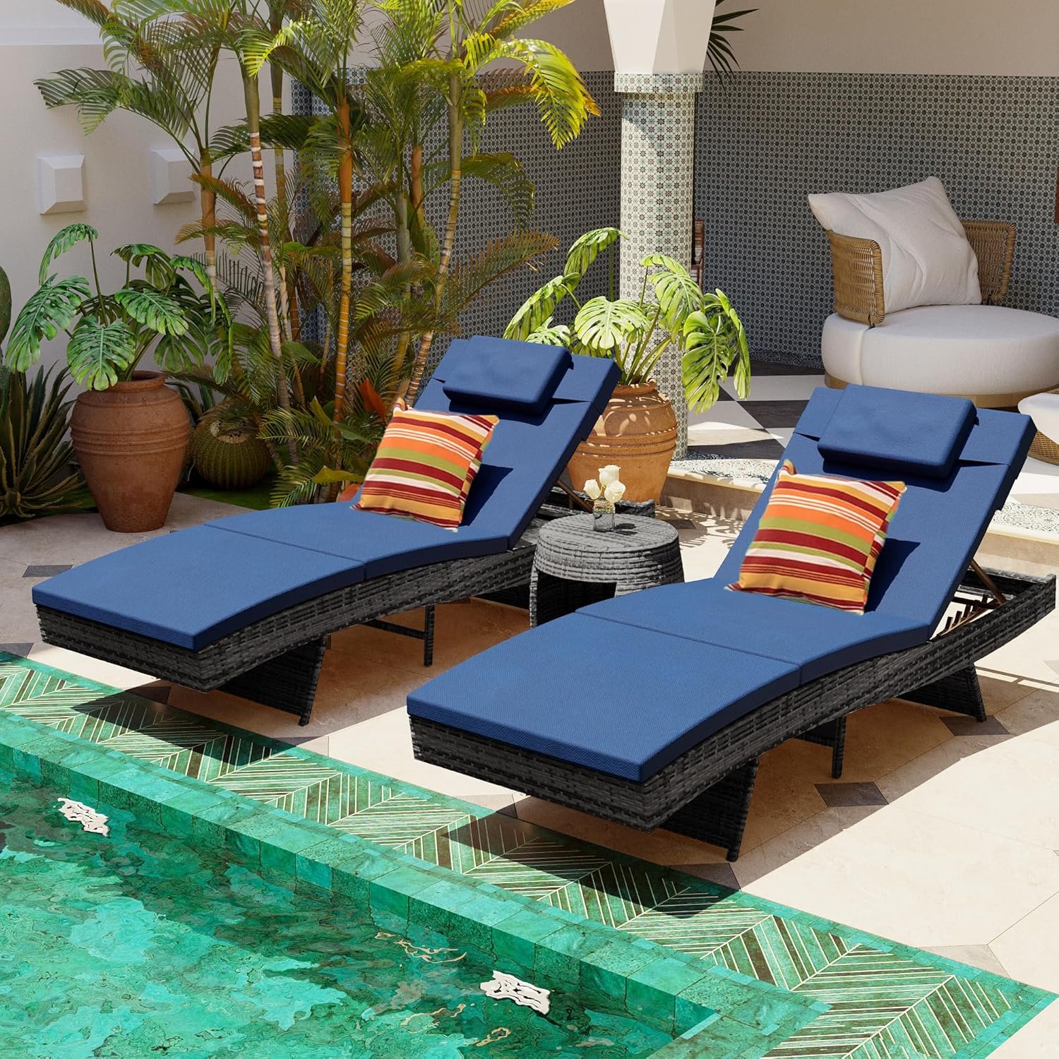 Sundale Outdoor Chaise Lounge Set of 2, Rattan Wicker Patio Lounge Chairs for Outside, Adjustable Chaise Loungers with Cushions & Pillows for Deck, Yard, Grey Resin Wikcer, Navy Blue