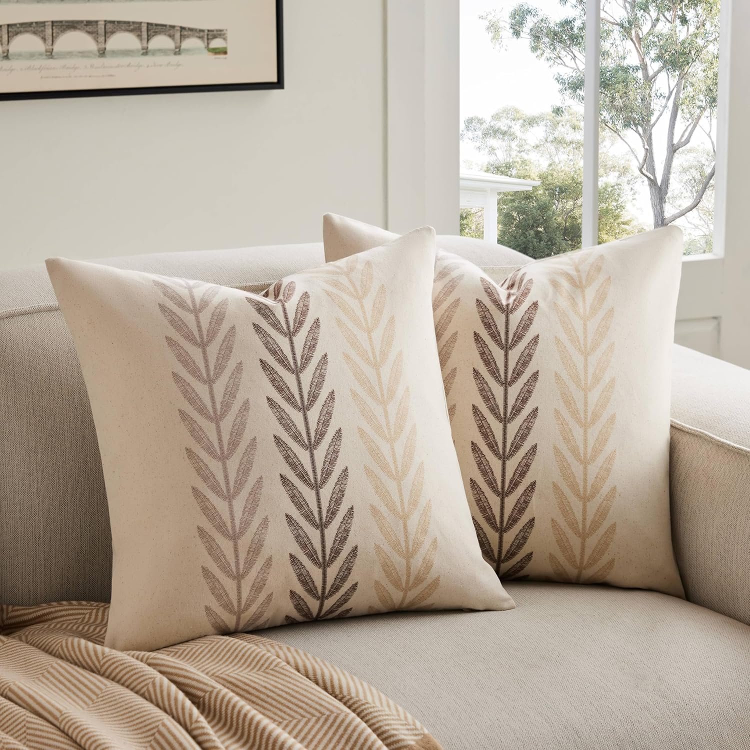 100% Cotton Farmhouse Leaves Throw Pillow Covers Set of 2, 18×18 Inch Mixed Beige Pastoral Decorative Print Cushion Covers for Sofa Bed Living Room Home Decor
