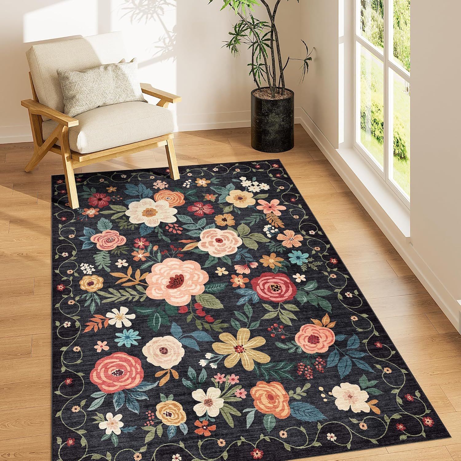 DUKINO 3×5 Area Rug, Floral Rugs for Living Room, Lightweight Non Slip Washable Rug, Indoor Low Pile & Non-Shedding Boho Design Rugs for Bedroom, Living Room, Dining Room, Black