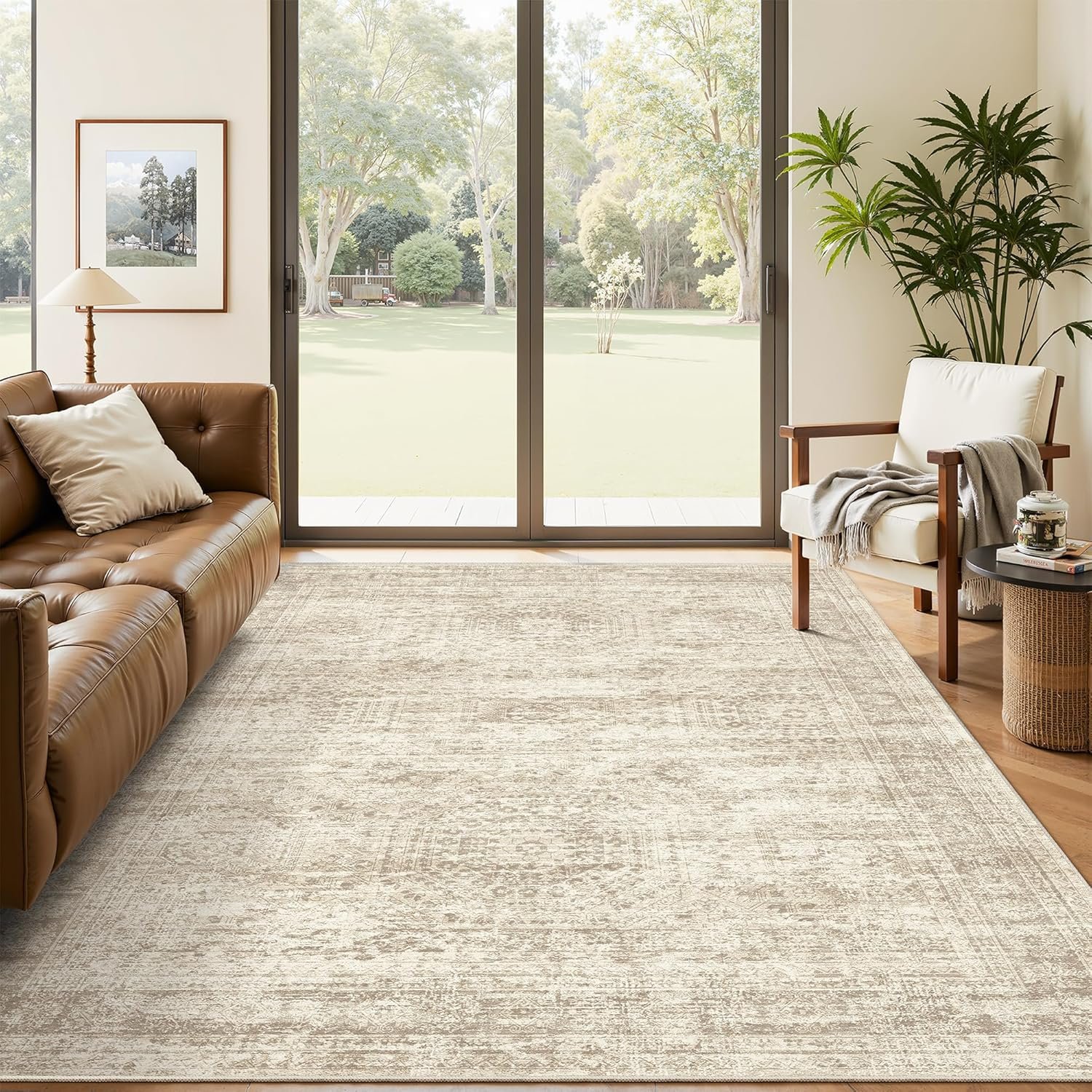 Soalmost 5×7 Area Rugs Beige Low Pile Indoor Washable Trendy Faded Style Rugs for Bedroom Living Room Dining Room Foldable Non-Slip Thin Print Home Office Mat