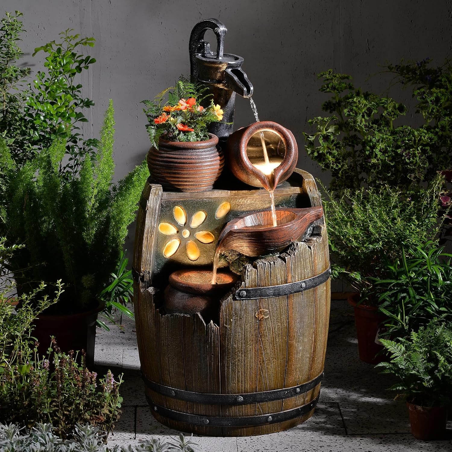 Water Fountain Outdoor 29″ H Outside Floor 3 Tiered Rustic Barrel with Light, Pump for Garden, Patio, Deck, Porch, Backyard Home Decor
