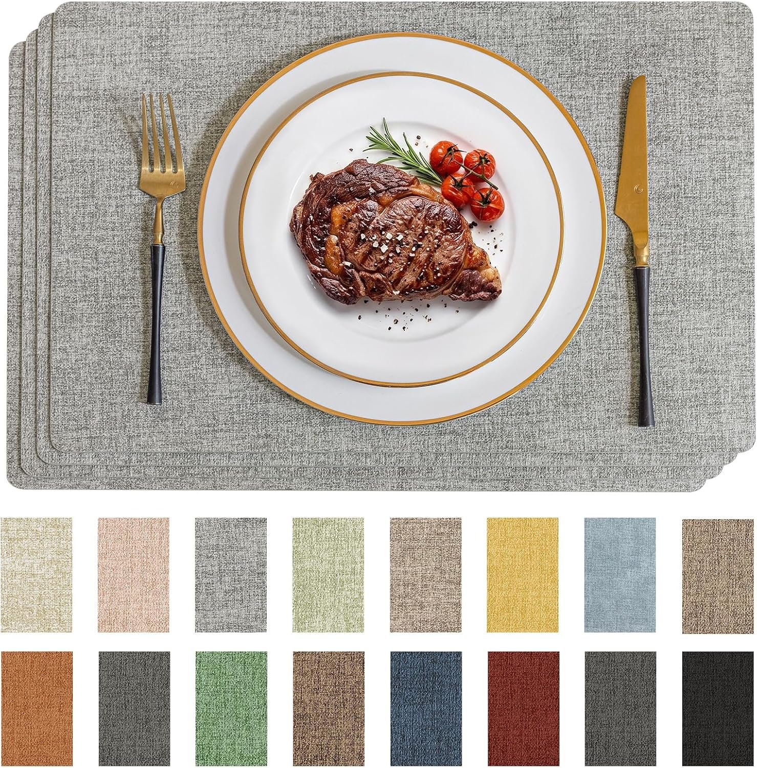 Romanstile Vinyl Placemats Set of 4-12 X 17 Inch – Faux Leather 100% Waterproof Wipeable Anti Slip Place Mats, Heat Resistant Reversible PU Table Mats for Kitchen Dining Party Outdoor, Light Grey