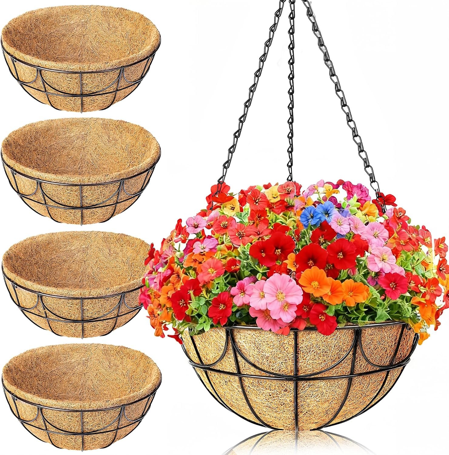 12 Inch 4 Pack Hanging Baskets Planters for Outdoor Plants – Wire Hanging Baskets Plant for Plants Outdoor with Coco Liners Minimalist Metal Hanging Pots for Outside Garden Patio Porch Decor