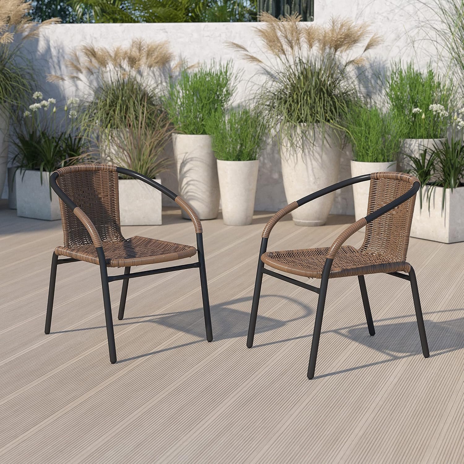 EMMA + OLIVER Set of 2 Modern PE Rattan Stack Chairs, Indoor/Outdoor Patio Dining Chairs, No Assembly Required, Brown