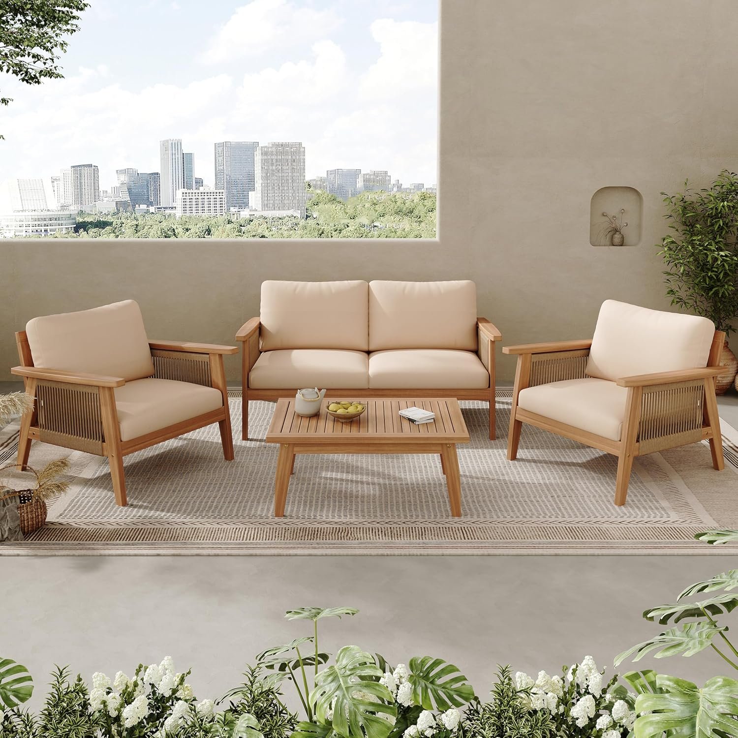 Christopher Knight Home Lorna 4-Seater Patio Furniture Set with Removable Cushion, 4 Piece Outdoor Acacia Wood Conversation Set, Sold Wood Outdoor Sectional Sofa Set with Coffee Table, Teak+Beige