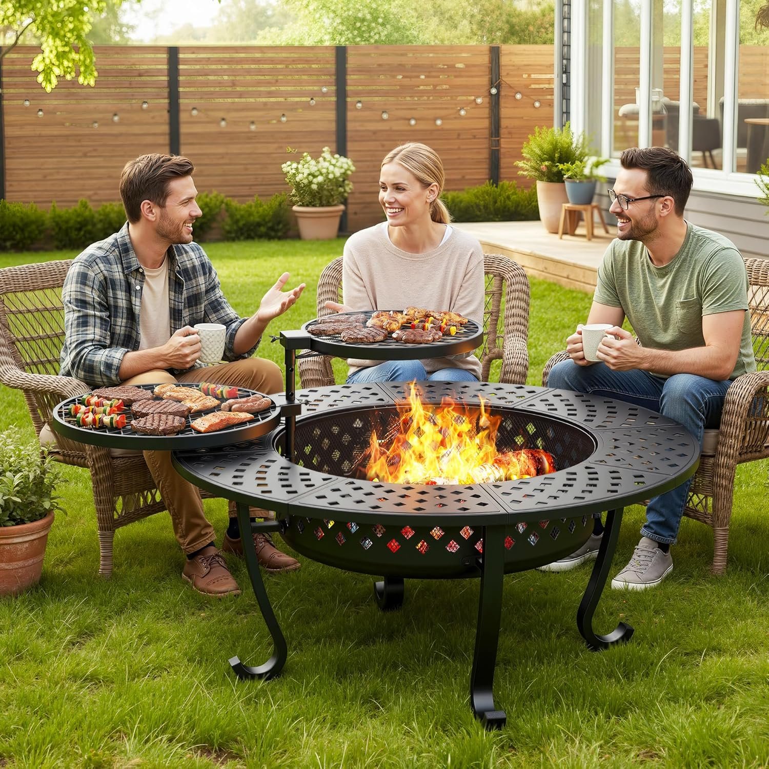 Wisteria Lane 3 in 1 43″ Extra Large Fire Pit for Outside Wood Burning with 2 Adjustable Grills, Outdoor Fireplace with Lid and Fire Poker, BBQ & Bonfire & Round Metal Table for Patio, Backyard