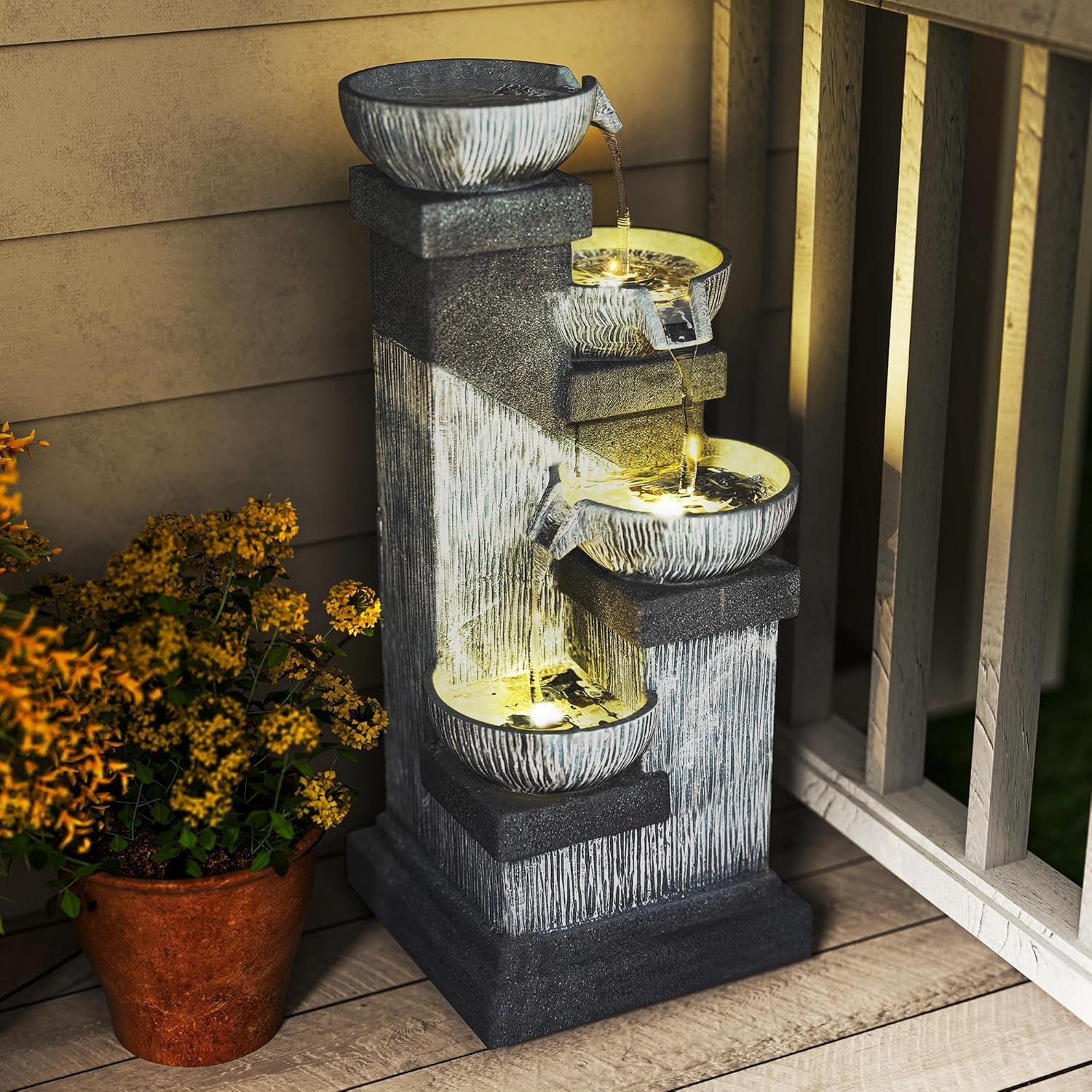 Outsunny 33.5″ Tall Outdoor Water Fountain, 4-Tier Floor Standing Resin Cascading Bowls Waterfall Fountain with LED Lights, Pump for Garden, Patio, Backyard