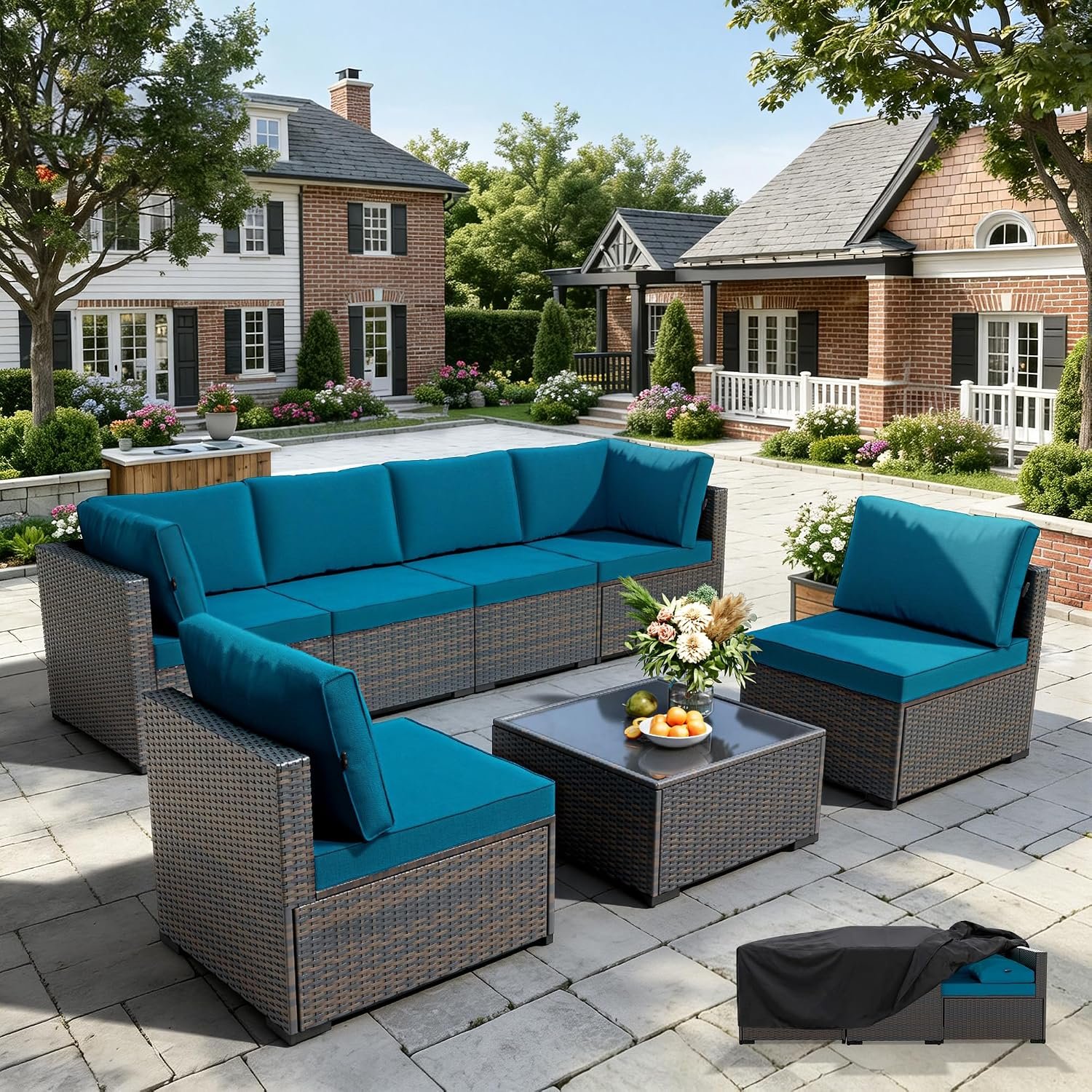WWR Patio Furniture Set 7 Piece – All-Weather – Wicker Rattan Patio Outdoor Conversation Set, Modular Sectional Sofa for Backyard, Garden, Poolside, Balcony, Porch, Patio, Brown/Peacock Blue