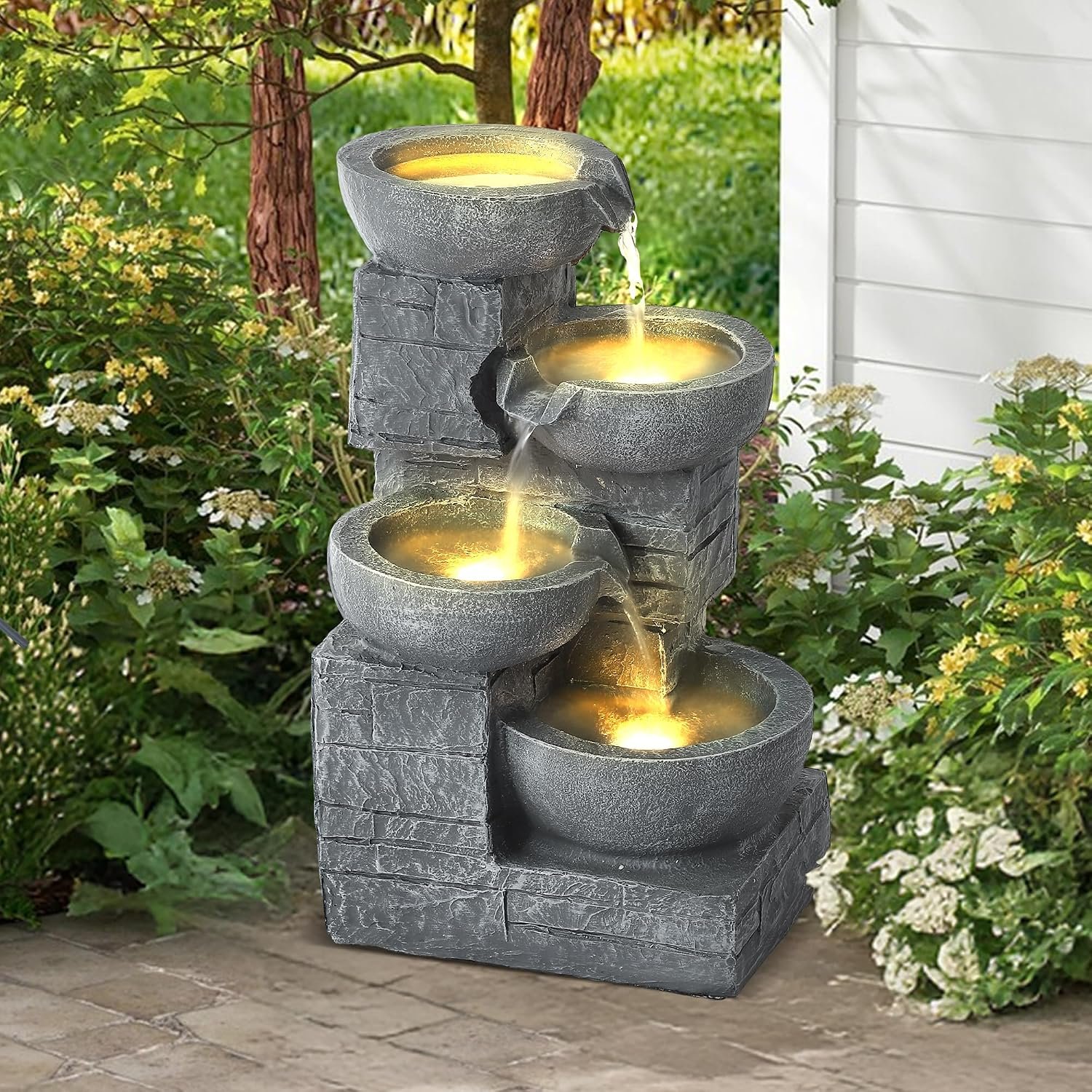 Grepatio 4-Tiers Indoor/Outdoor Garden Water Fountain, 21.9″ H Cascading Water Feature Waterfalls Fountain with 4 LED Lights, Outdoor Floor Standing Water Fountains for Garden, Yard, Decor (Grey)