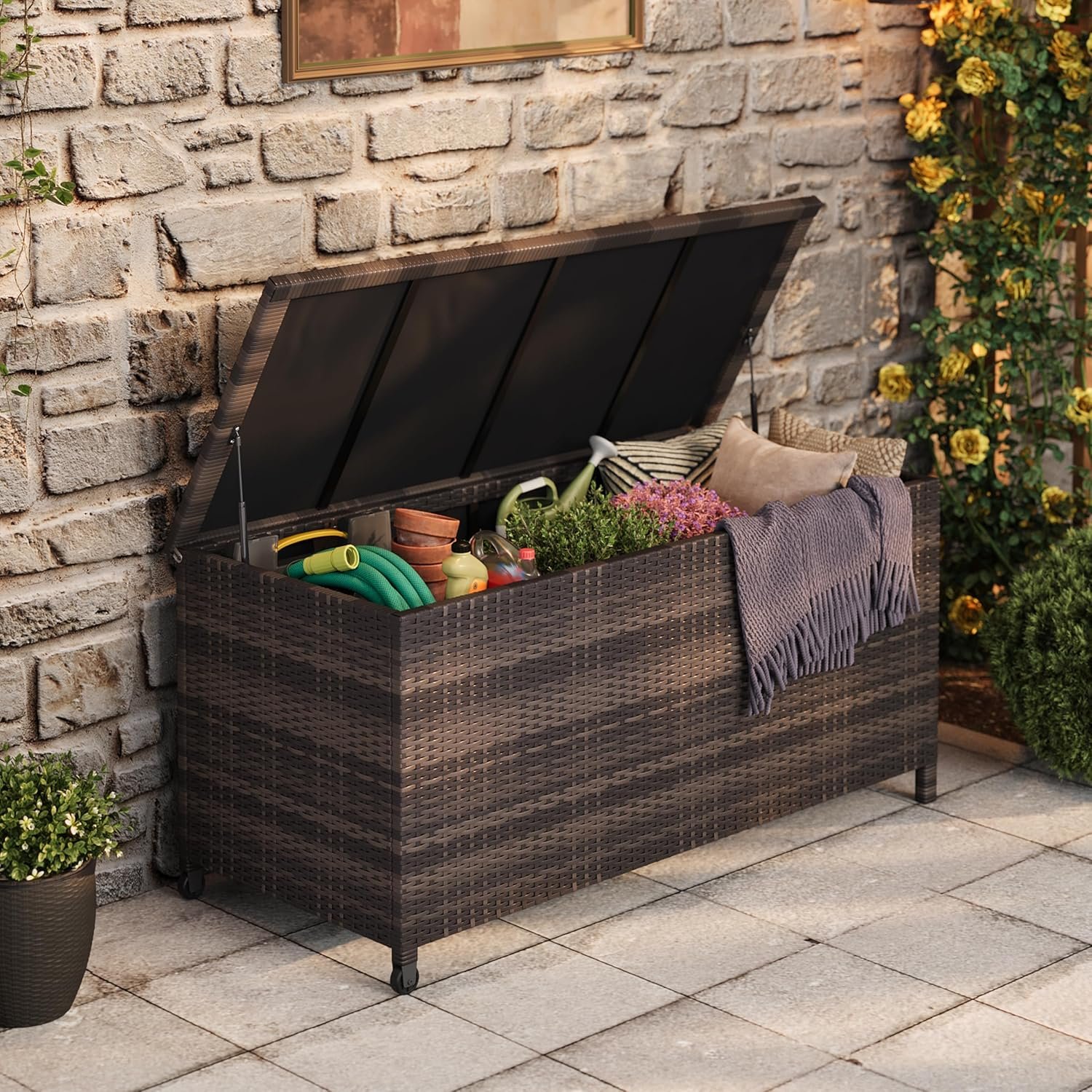 125 Gallon Outdoor Deck Box with Wheels, Waterproof PE Wicker Rattan & Aluminum Frame Storage Bin for Patio Cushions, Garden Tools, Pool Toys, Lockable Patio Furniture(Brown)