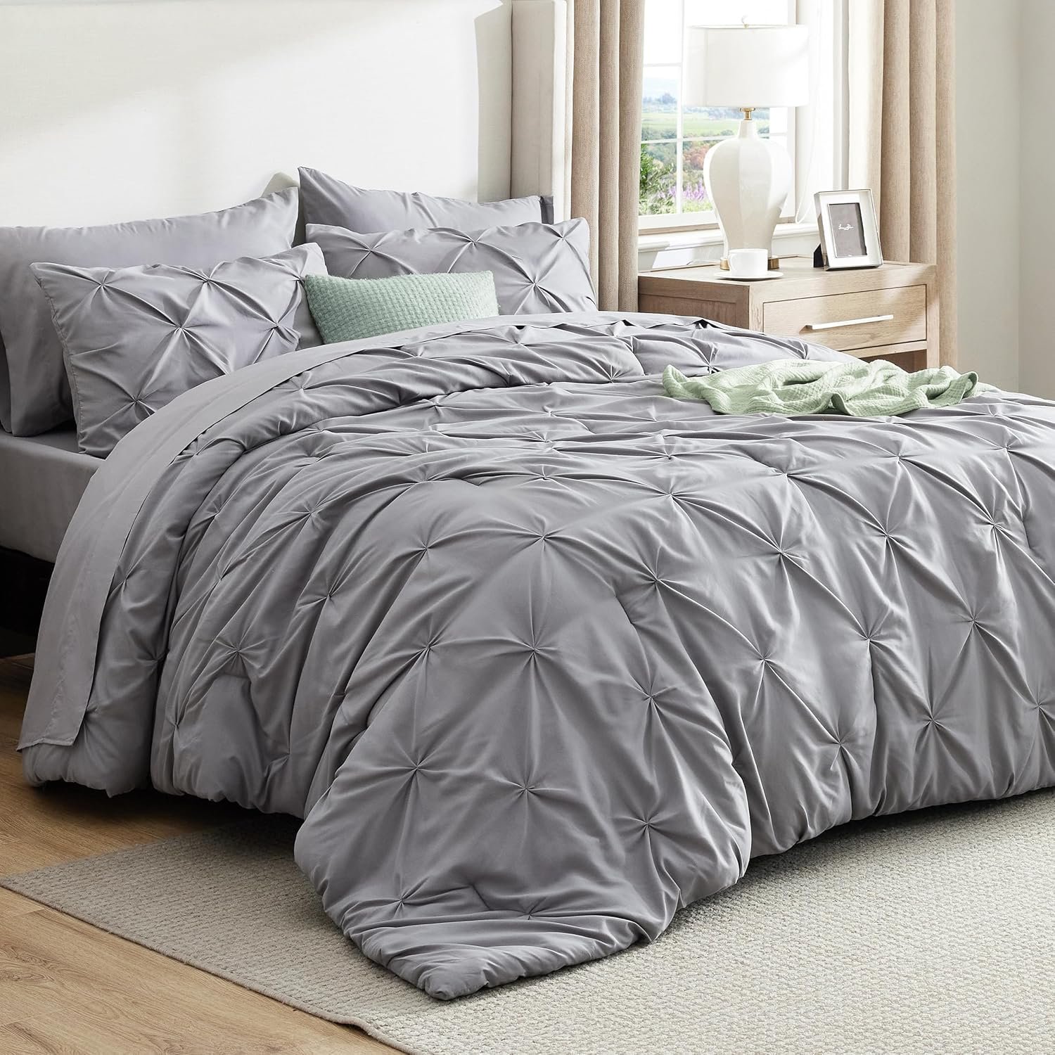 Bedsure King Size Comforter Set Grey – Bed in a Bag Bedding Set 7 Pieces, GentleSoft™ Pintuck Bed Set Gift for Family, All Season Down Alternative Comforter with Sheets, Pillowcases & Shams