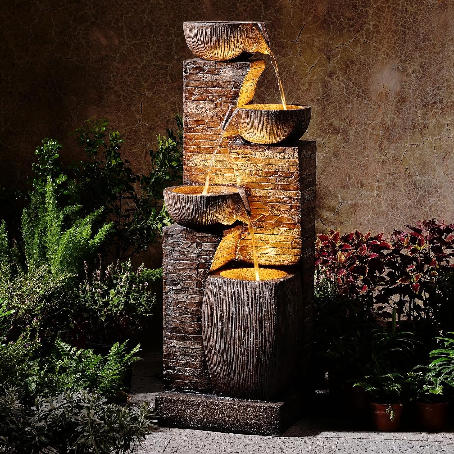 38.2″ Tall Water Fountain Outdoor Garden,4 Tiers Modern Cascading Bowls and Stacked Stones Indoor Fountains with LED Lights for Patio, Deck, Porch, Backyard and Home Art Decor(Reddish-Brown