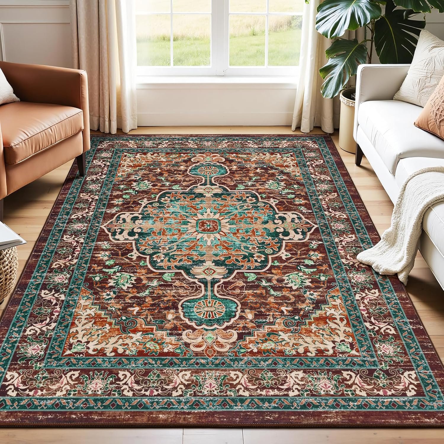 U’Artlines Boho Vintage Area Rug 5×7 Machine Washable Low Pile Ultra-Thin Soft Floor Carpet Non Slip Non Shedding Accent Rug for Living Room Bedroom Entryway Dining Room Office(Rust＆Teal)
