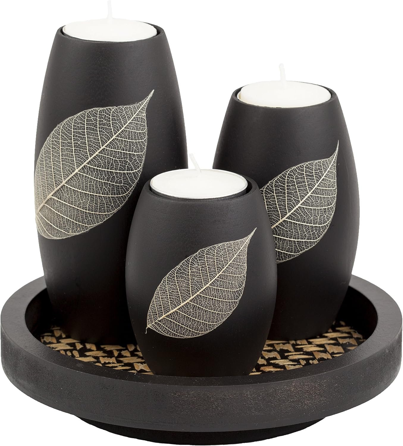 IYARA CRAFT Candle Holder Set with Tray – 3 Handmade Wood Tealight Holders, Black Leaf Design, Winter Home Décor, Spa-Inspired Holiday Centerpiece & Elegant for Women, Mom, Housewarming