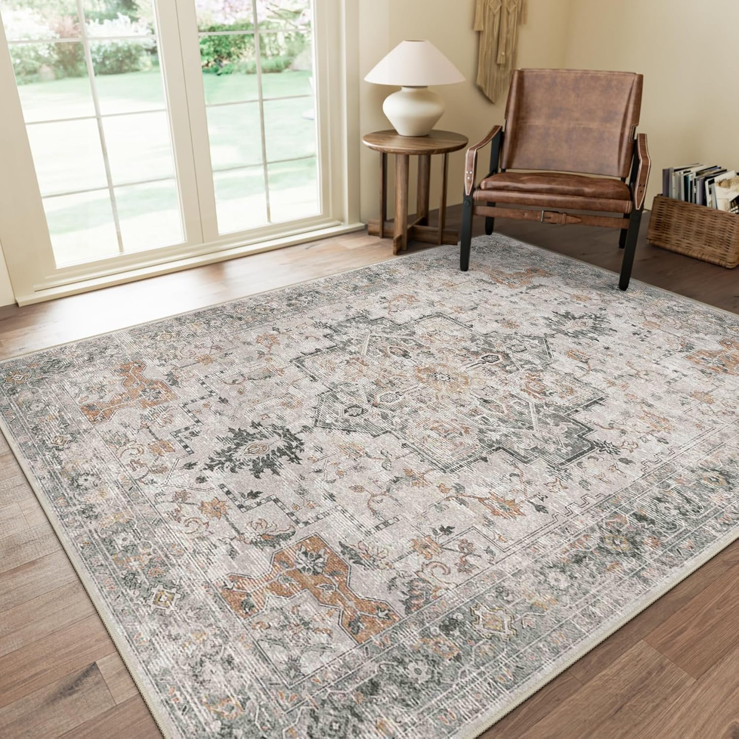 GENIMO 5X7 Area Rugs for Living Room, Machine Washable Non Slip Vintage Area Rugs, Low Pile Lightweight Print Rug for Bedroom, Dining Room, Home Office, Light Taupe Brown