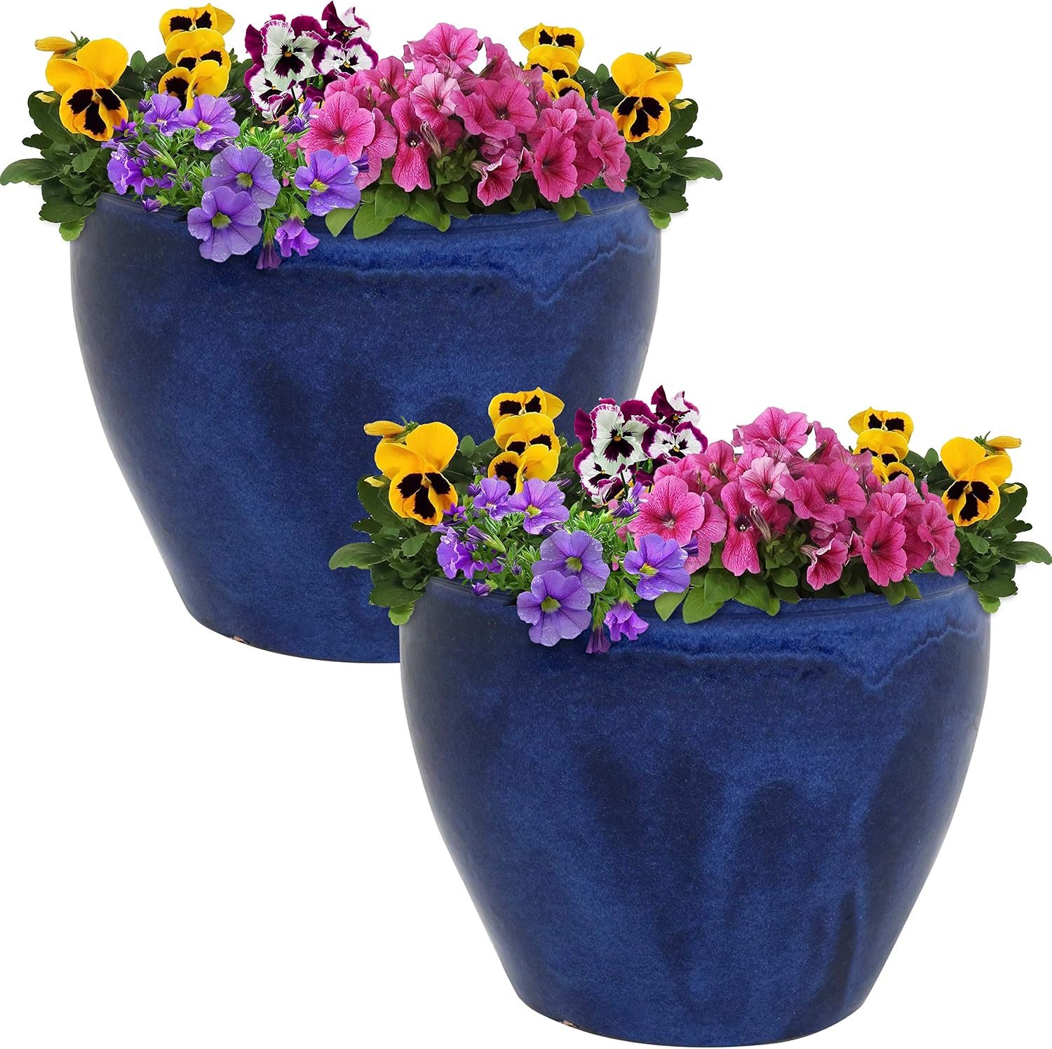 Sunnydaze Round Ceramic Planter – Set of 2 Indoor or Outdoor Plant Pots with Drainage Hole – Chalet – 12″ – Imperial Blue Glaze