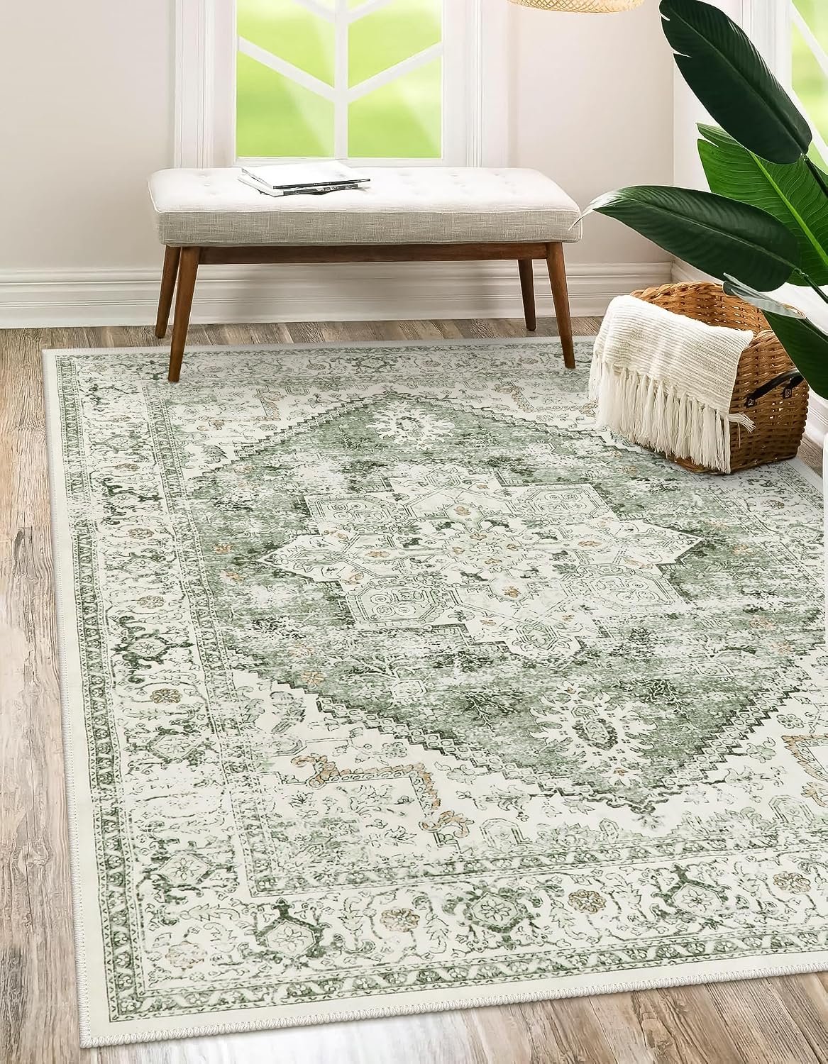 LIVEBOX Washable Area Rug 5×7 – Large Vintage Tribal Living Room Rug Vintage Non-Slip Indoor Rugs for Bedroom, Low-Pile Retro Carpet Print Distressed Accent Rugs for Nursery Entryway Office, Sage