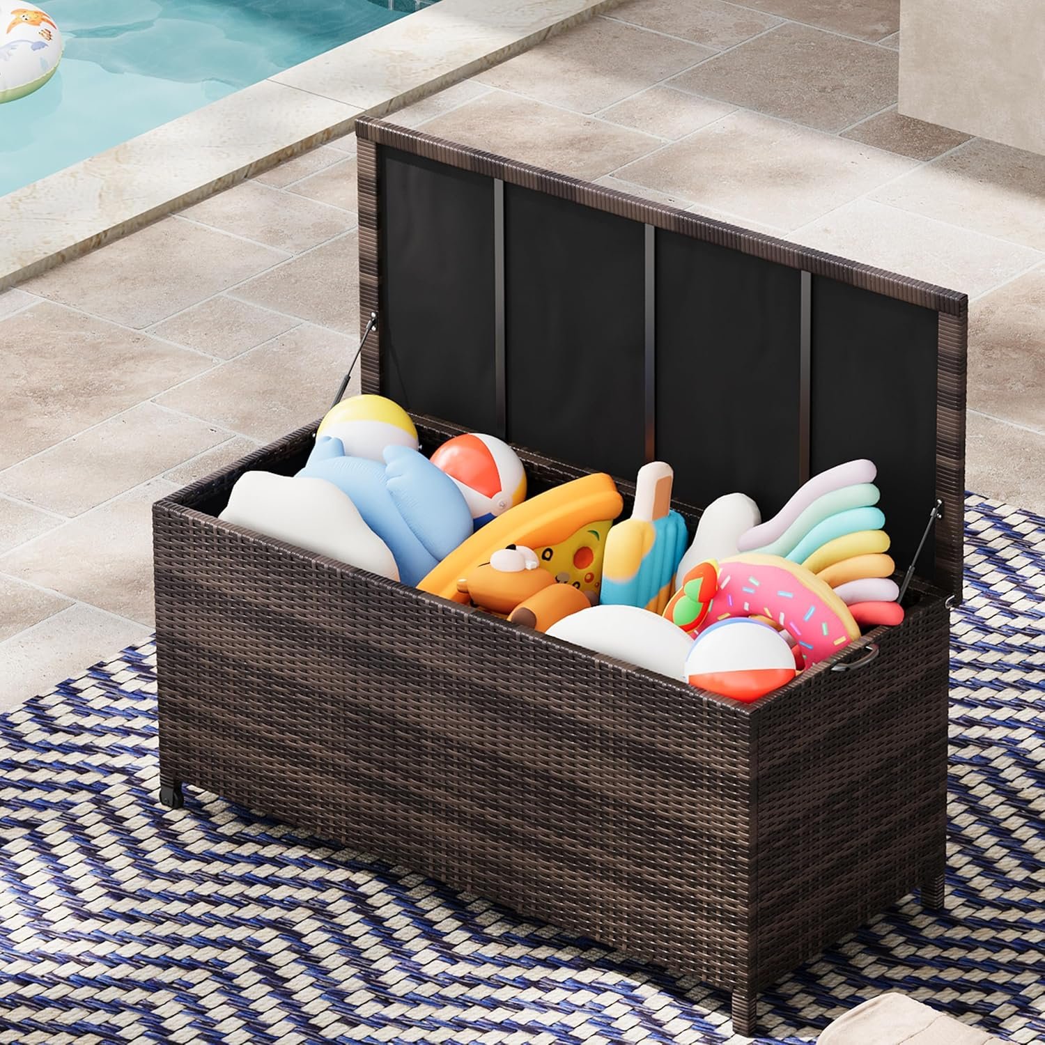 125-Gallon Outdoor Deck Box with Wheels, Waterproof PE Rattan & Aluminum Frame Storage Bin, Lockable Patio Furniture Chest for Cushions, Garden Tools, Pool Toys, Brown
