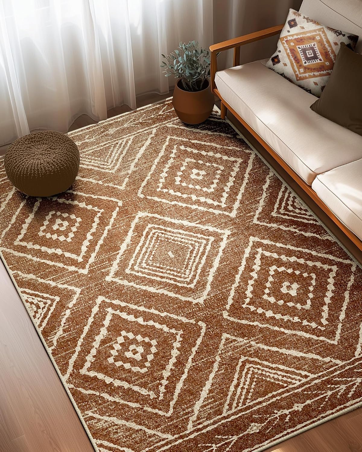 BESTSWEETIE Area Rug 5×7 Rug Machine Washable Non-Slip Low Pile Print Pattern Western Rug for Living Room Bedroom Entryway Tribal Series -Yellowbrown/Cream