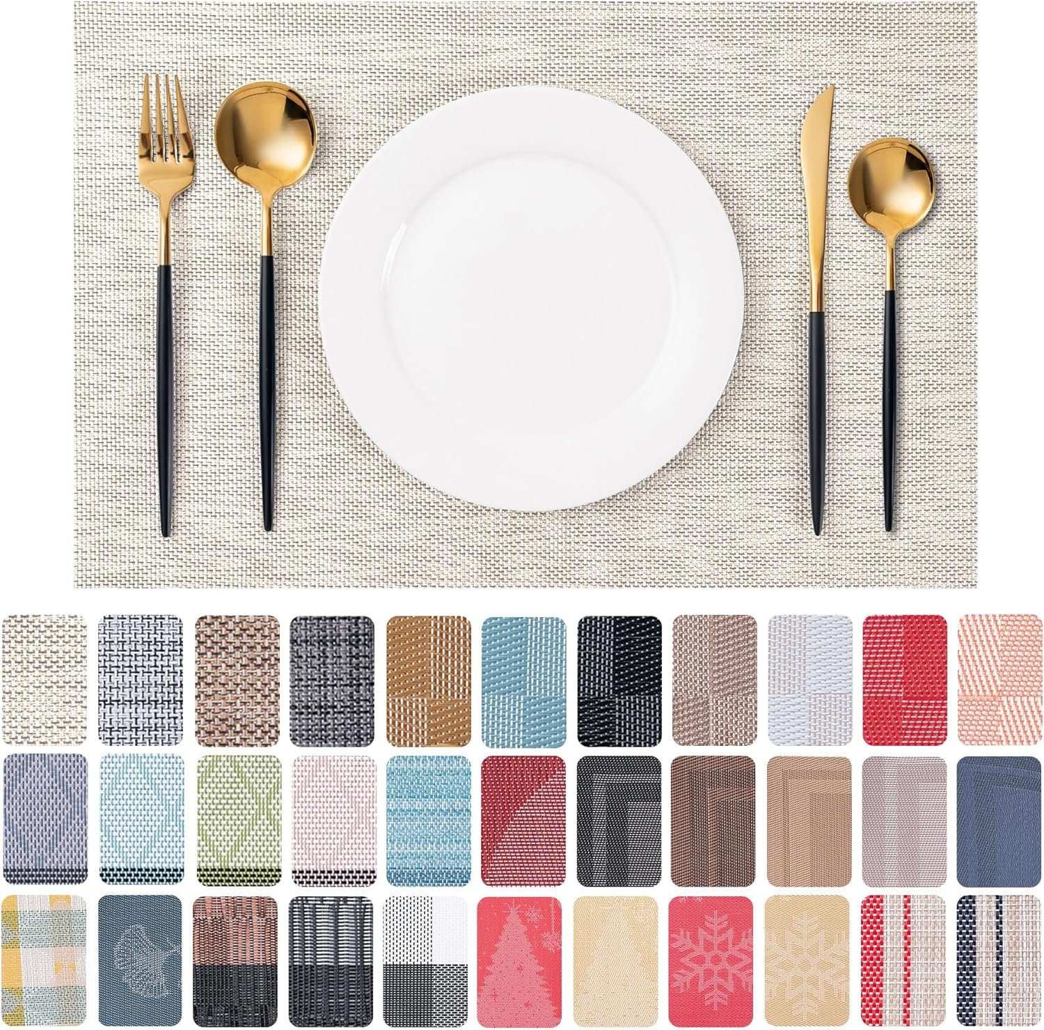 CADONO Placemats Set of 4 Washable Indoor/Outdoor Vinyl Place Mats for Dining Table Durable Non-Slip Heat Resistant PVC Weave Table Mats（Beige）