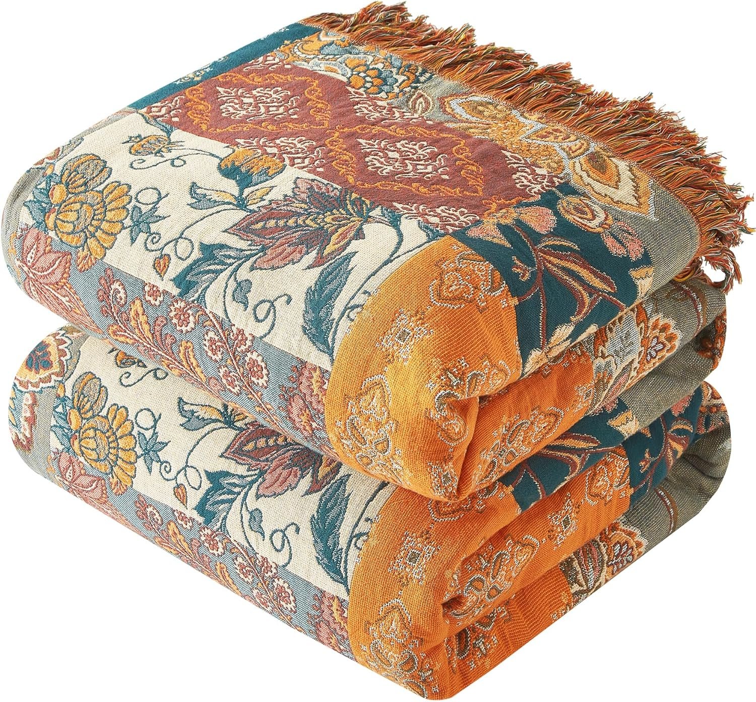 Bailix Boho Throw Blanket for Couch Sofa Bed, 100% Cotton Woven Quilt with Tassel 60”x80”, Super Soft Muslin Blanket with Floral Printed, Decorative Reversible Bed Blanket/Cover for All Seasons