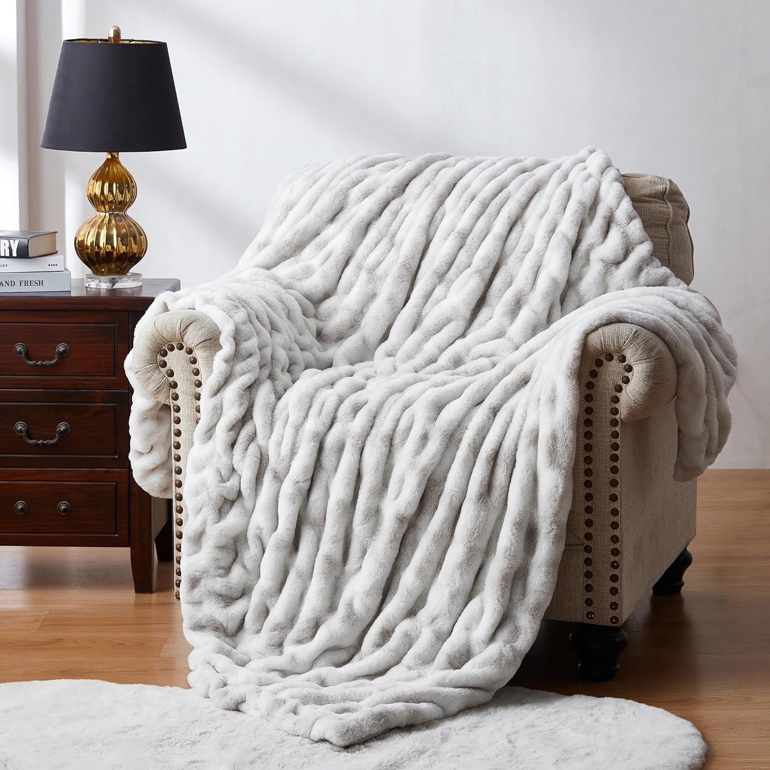 WDCOZY Ruched Faux Fur Throw Blanket Soft Cozy Fluffy Luxurious Blankets Couch Bed Sofa Chair Home Decor Warm Furry Fall Winter Plush Rabbit Fur Bubble Blanket 50″ x 60″, Grey
