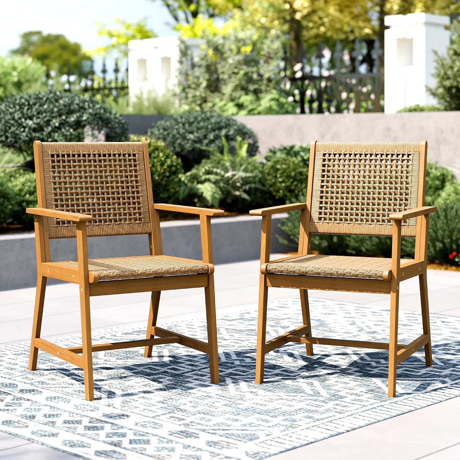 PHI VILLA Outdoor Acacia Wood Chairs Set of 2, Patio Dining Armchairs with Wicker Back & Seat, Farmhouse Style Teak Seating Furniture for Deck Yard Balcony Garden – Bright Brown