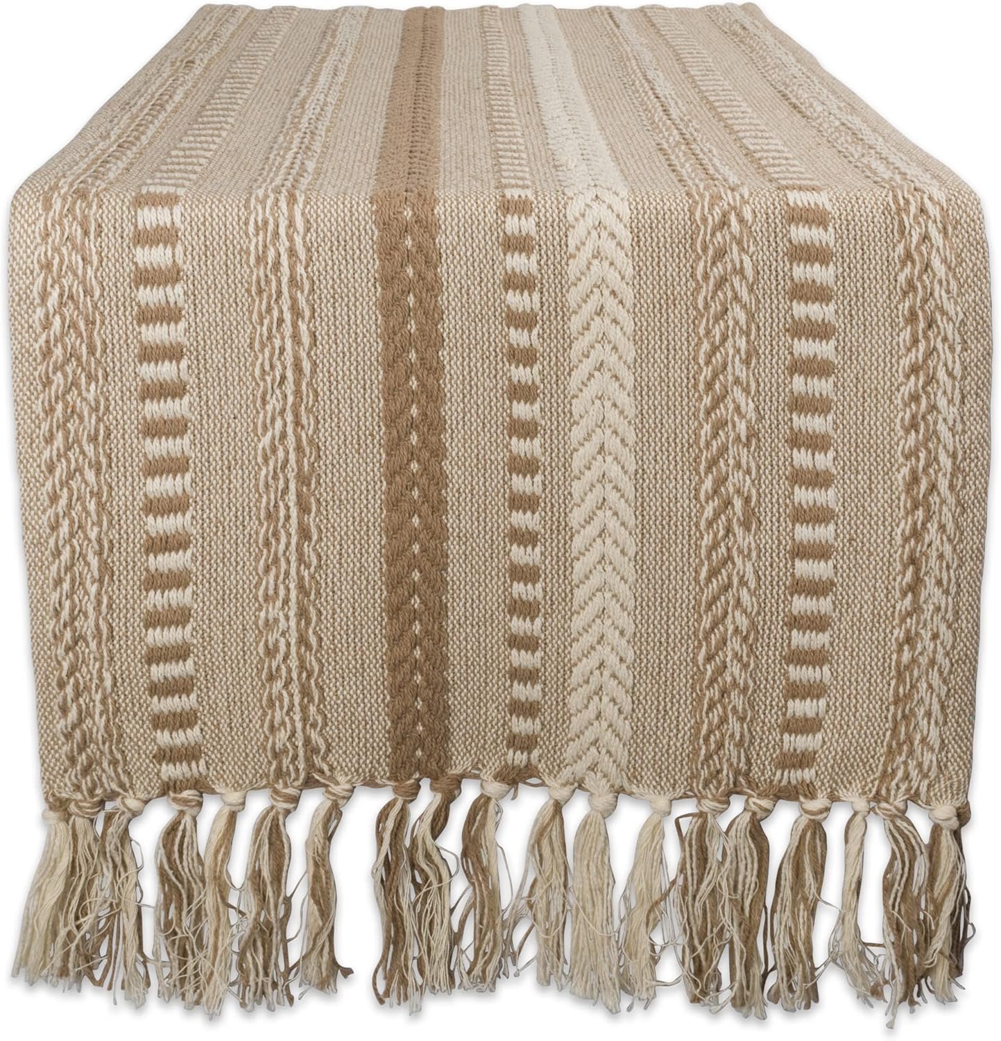 DII Farmhouse Braided Stripe Table Runner Collection, 15×72 (15×77, Fringe Included), Stone
