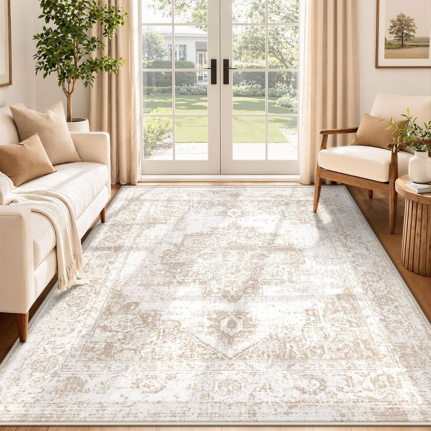 Area Rug 5×7 Vintage Rug: Washable Indoor Medallion Rugs Low Pile Distressed Floor Carpet Retro Accent Rug for Living Room Bedroom Kitchen Dining Table Home Office(Beige, 5’x7′)