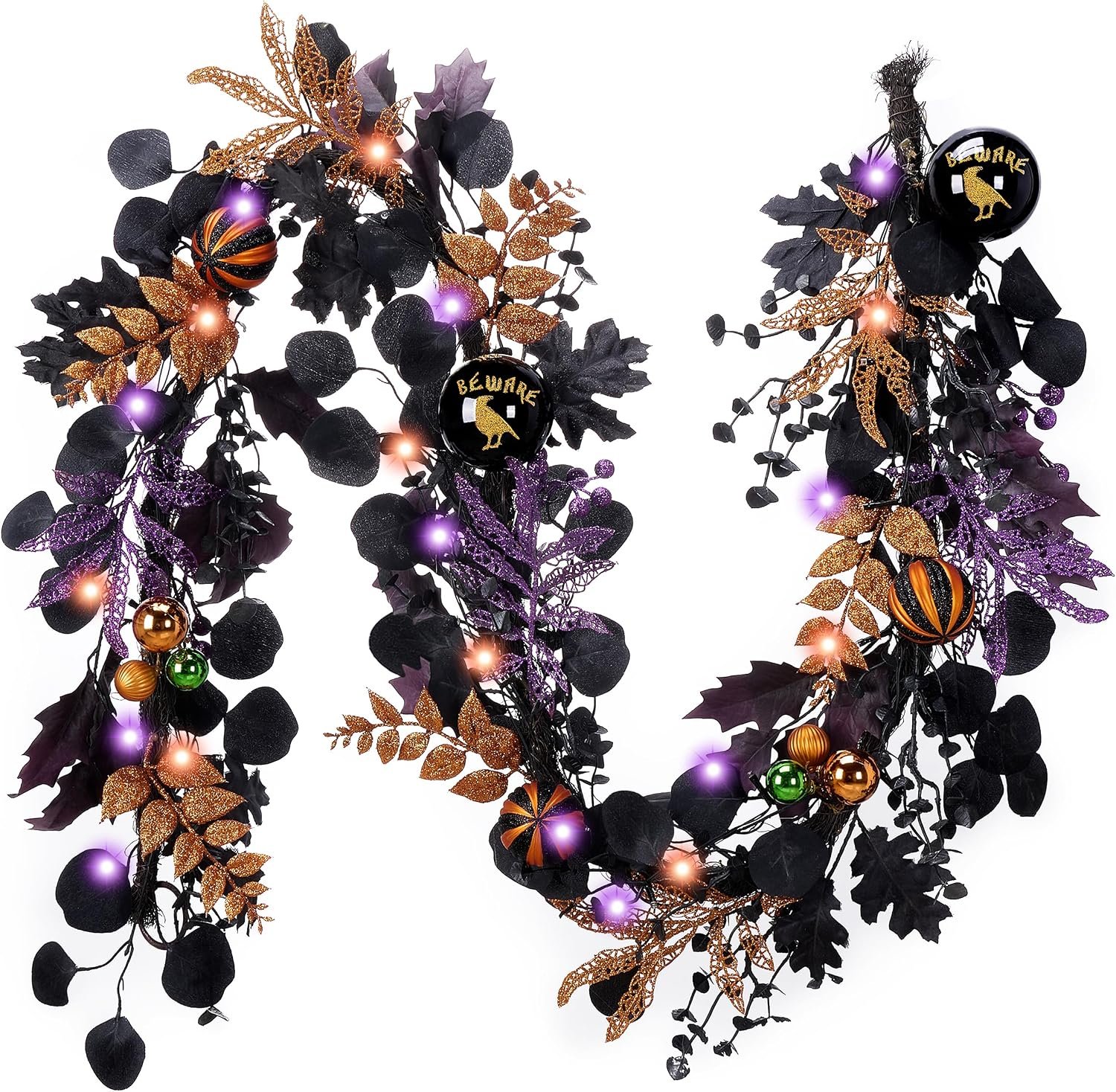 Valery Madelyn 6ft Halloween Garland for Mantel with Lights Party Decor | Pre-Lit Jack-o’-Lantern Pumpkins and Ball Garland Decorations for Table Centerpiece Fireplace Indoor Stair Home Decor