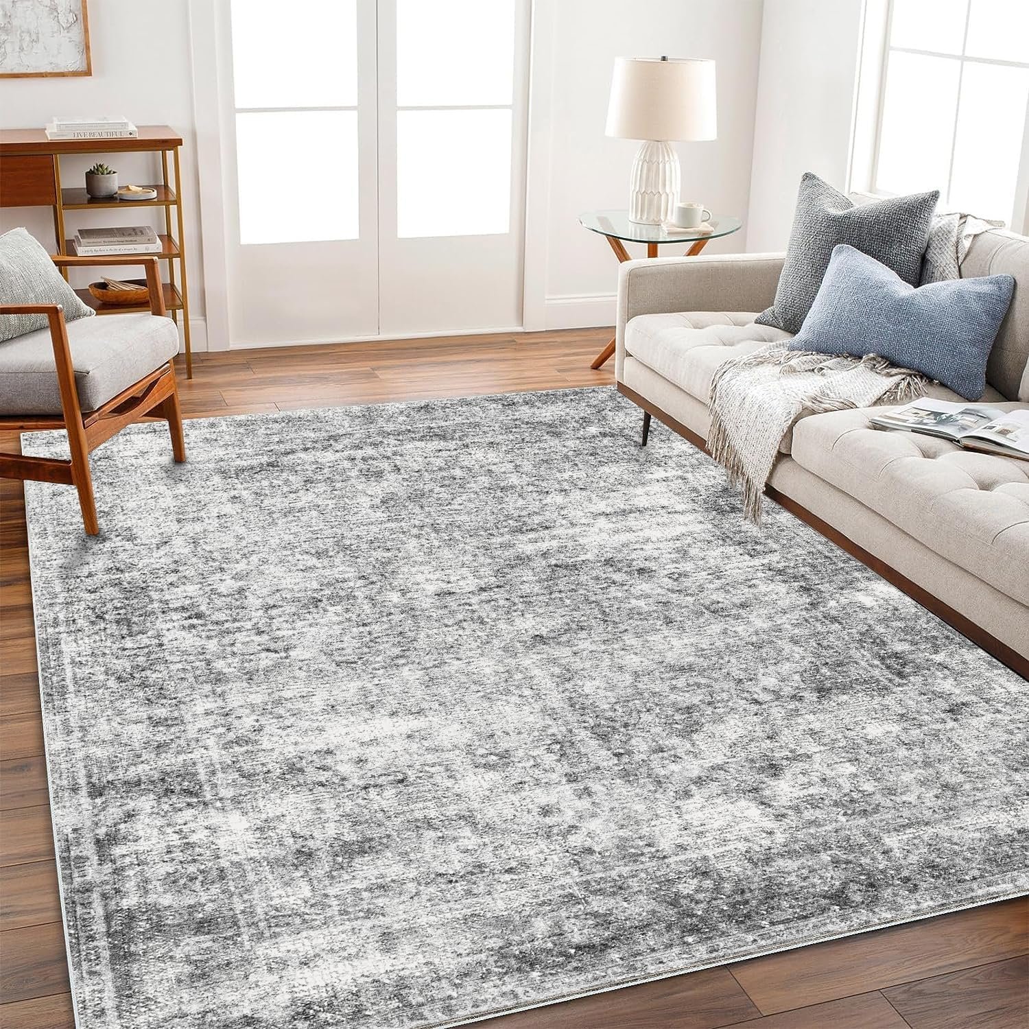 CHAMPLANT Area Rug 4×6 Washable Rug Gray Vintage Traditional Floor Cover Foldable Thin Retro Accent Indoor Distressed Non Slip Carpet Floral Print Mat Bedroom Living Room Bathroom