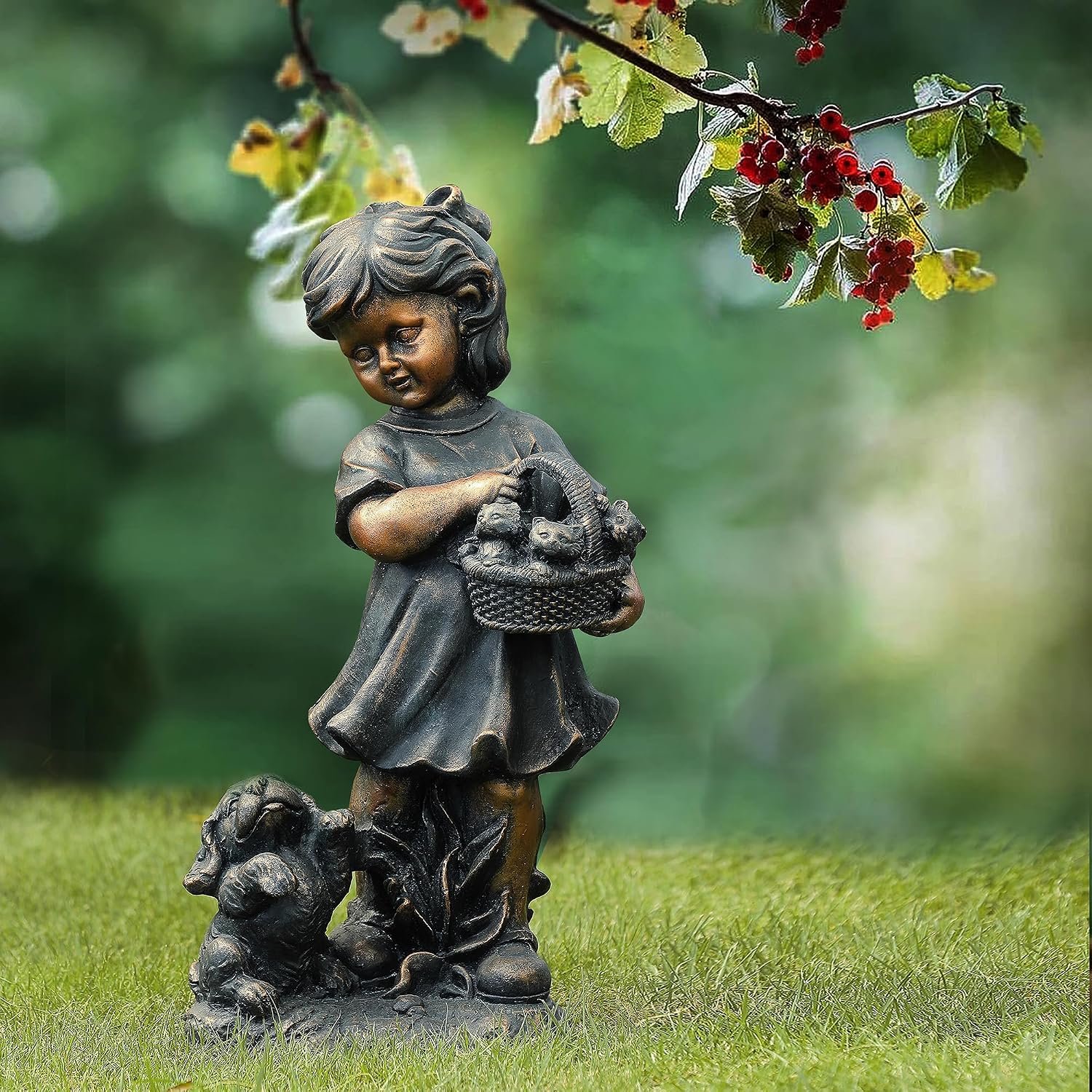 LuxenHome Garden Decor Statue,23″ Fiber Stone Girl and Puppy Outdoor Statue, Bronze Garden Sculpture, Outdoor Art for Patio Courtyard Backyard Decor, House Warming Gifts