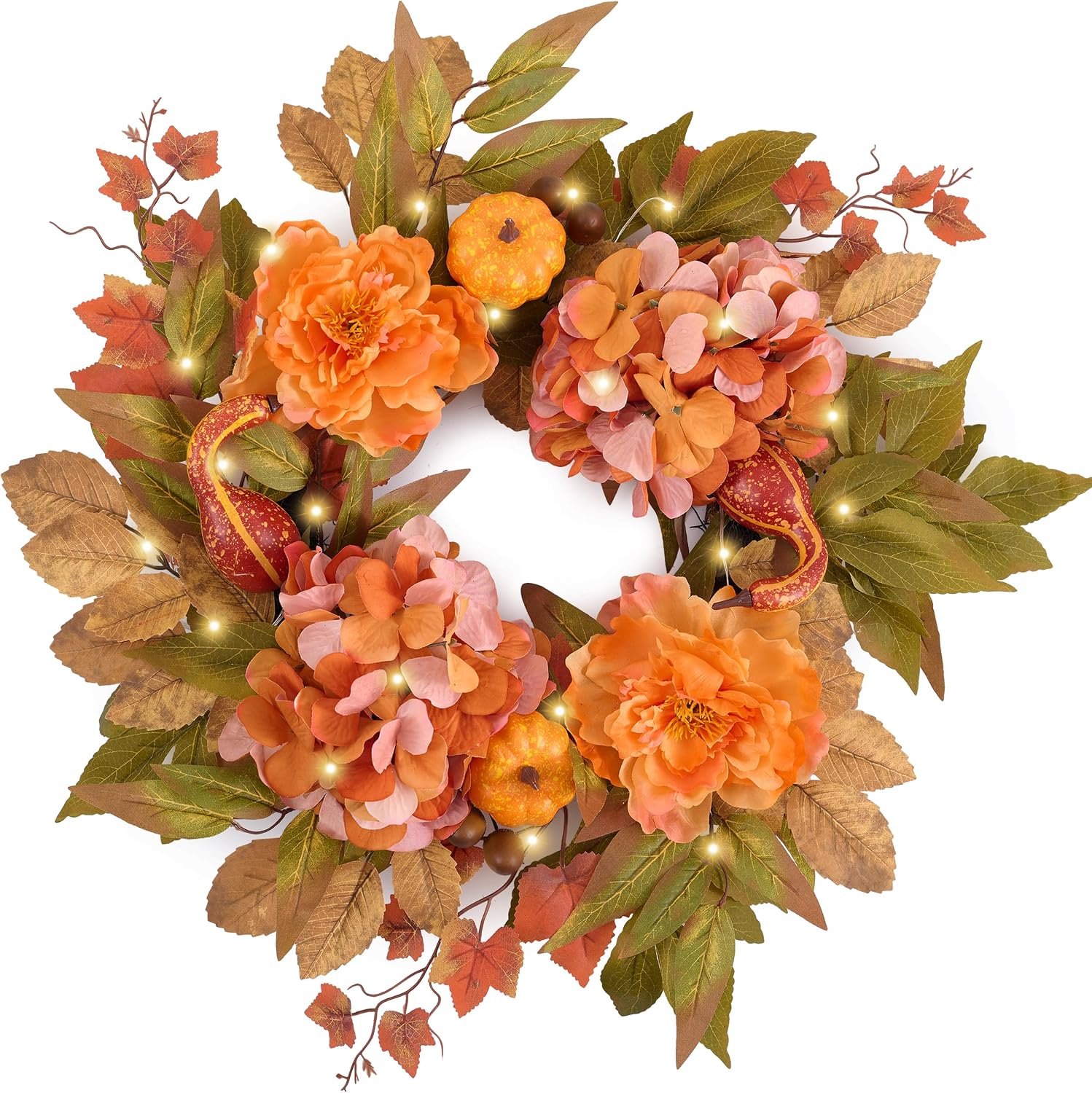 DecorbyHannah Fall Wreath for Front Door, 18 Inch Lighted Autumn Harvest Pumpkin Door Wreath with Lights, Artificial Yellow Peony Hydrangea Maple Leaf Decor for Mantle Porch Wall Home Indoor Outdoor