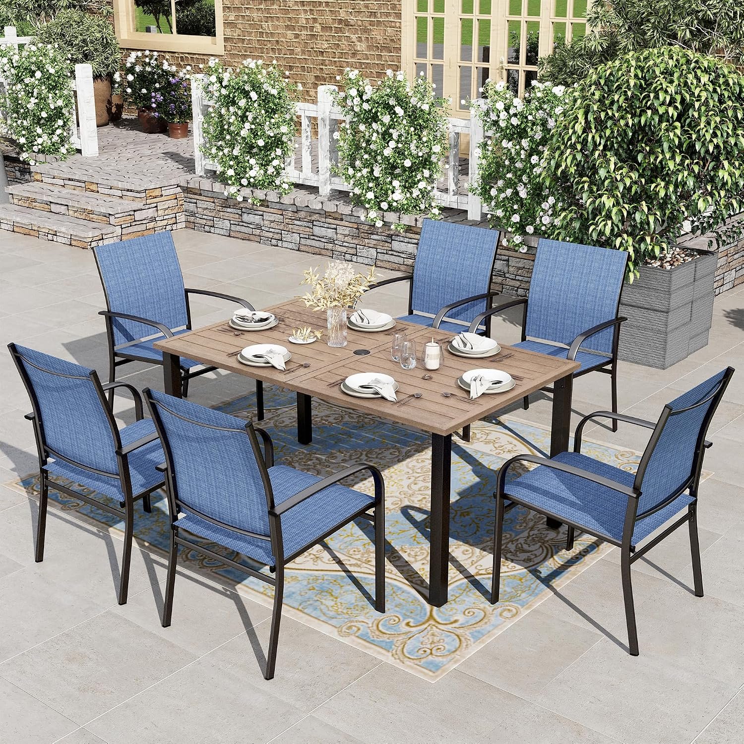 HERA’S HOUSE Patio Table and Chairs for 6, 7 Pieces Outdoor Deck Dining Sets, Wood-Like Rectangular Metal Table Set with Chairs for Lawn Garden Backyard, Blue