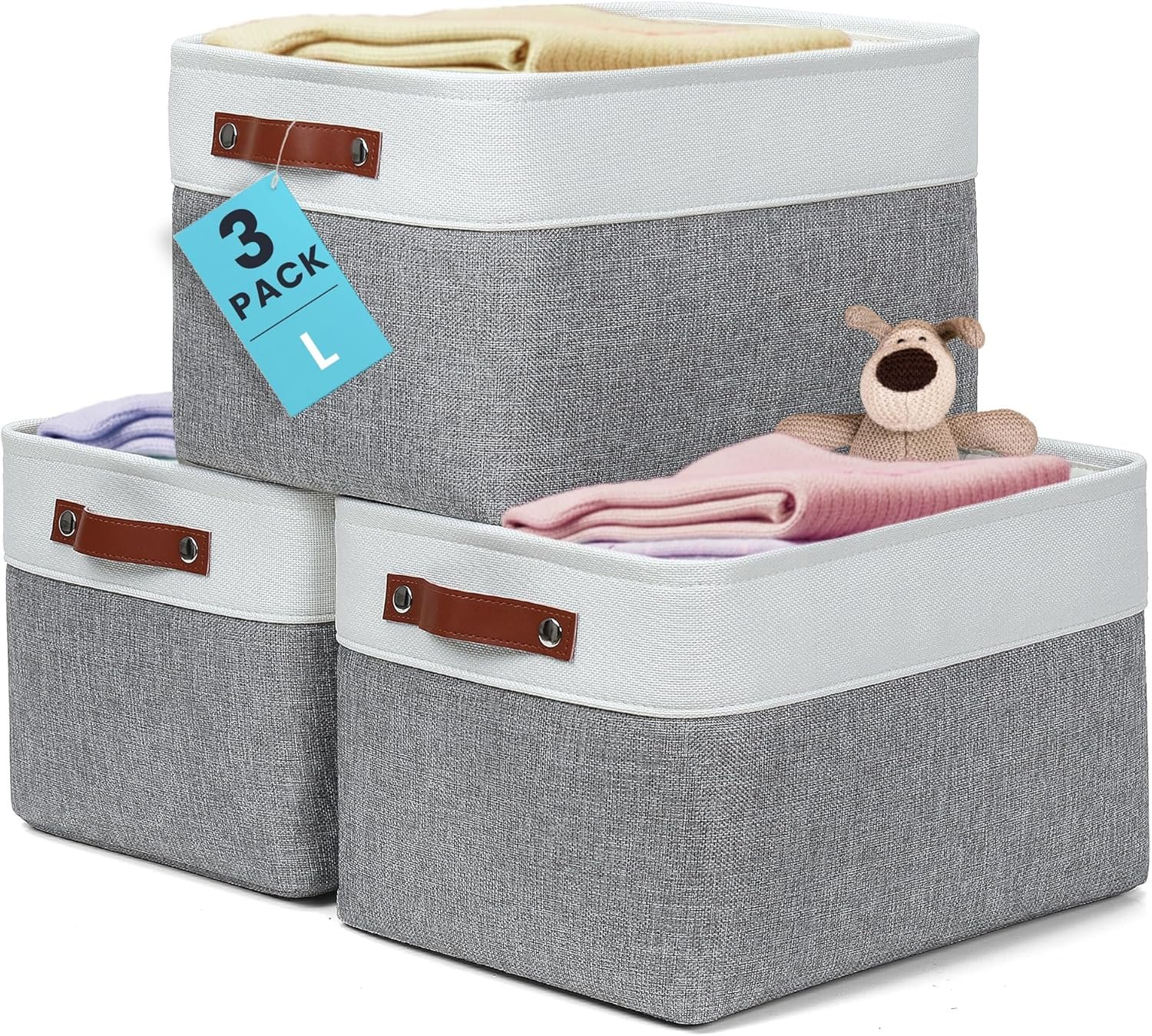 OrganiHaus 15x11in Canvas Storage Baskets 3 Pack | LARGE Fabric Bins for Shelves | Closet & Bedroom Storage | Gray/Off-White