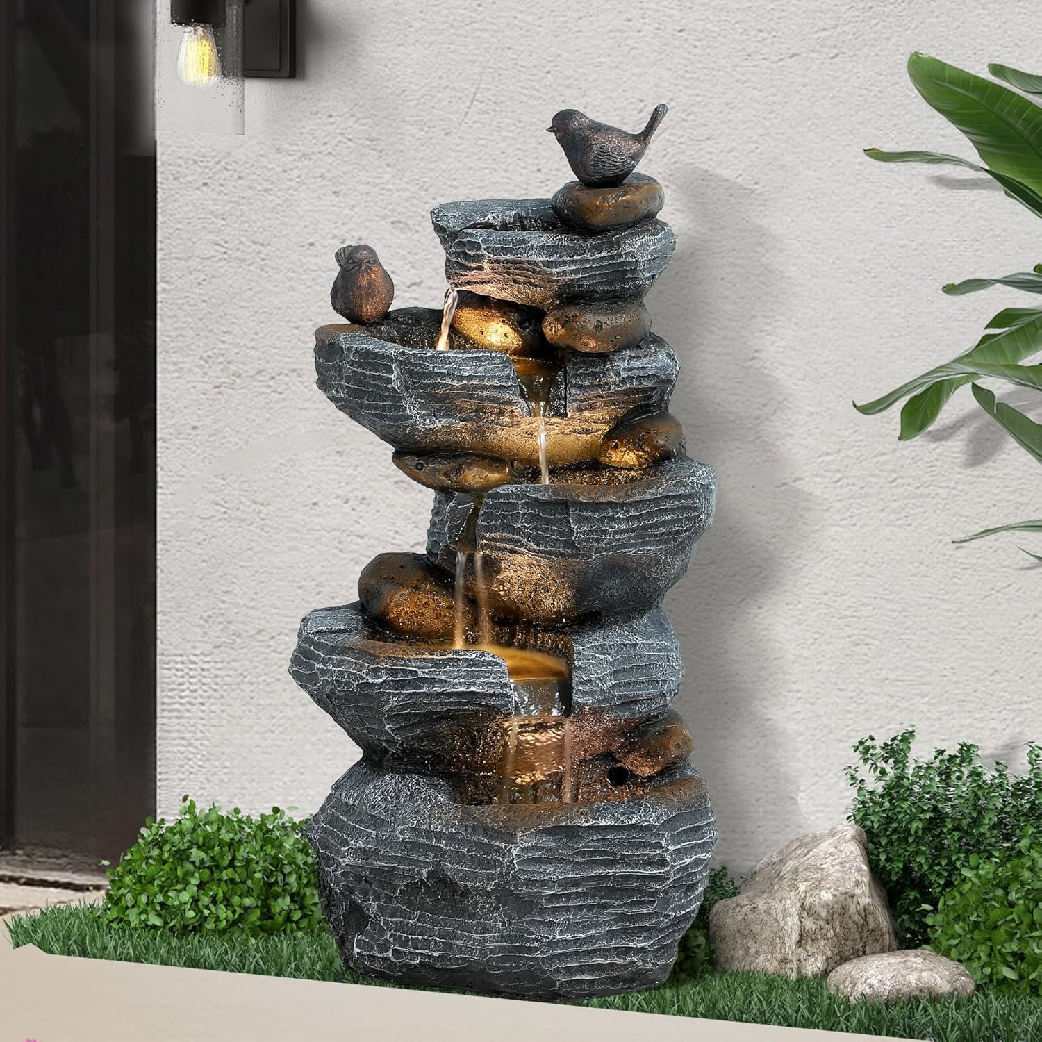 5-Tiers Cascading Rock Water Fountain Outdoor – Waterfalls Fountains with LED Lights, Outdoor/Indoor Resin Water Feature Fountain for Patio, Garden, Backyard, Deck, Porch, Home Decor