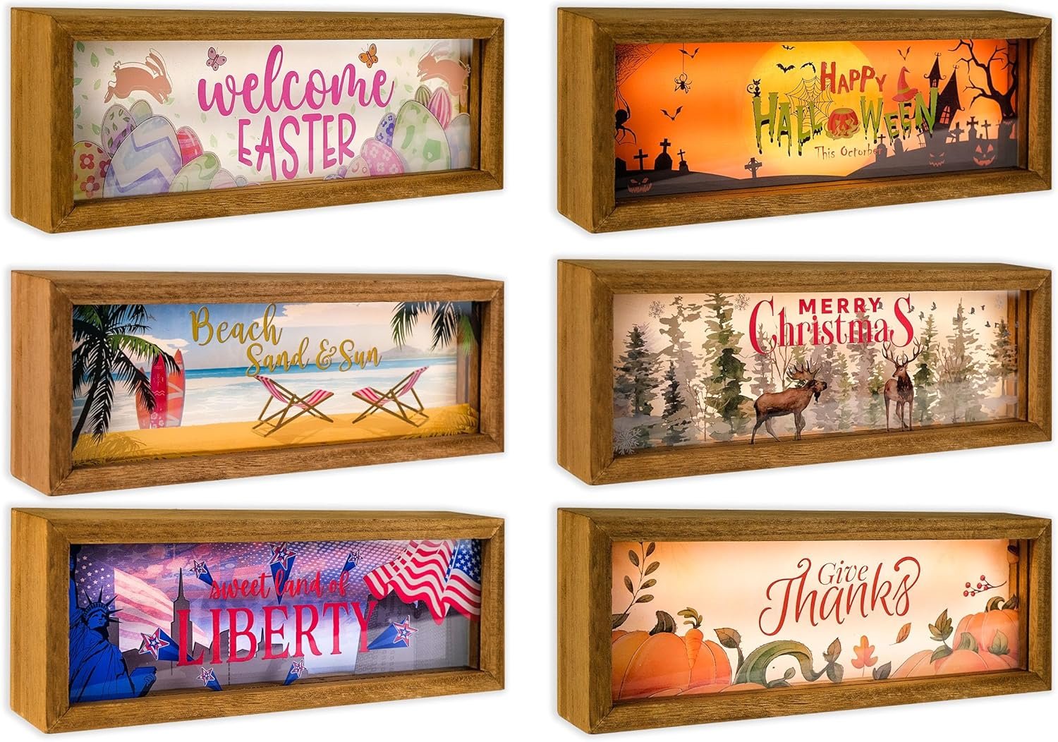 SAILINGSTORY Interchangeable Holiday Decor 6 Seasonal Decor Night Light Shadow Box Easter Summer 4th of July Halloween Thanksgiving Christmas Decorations