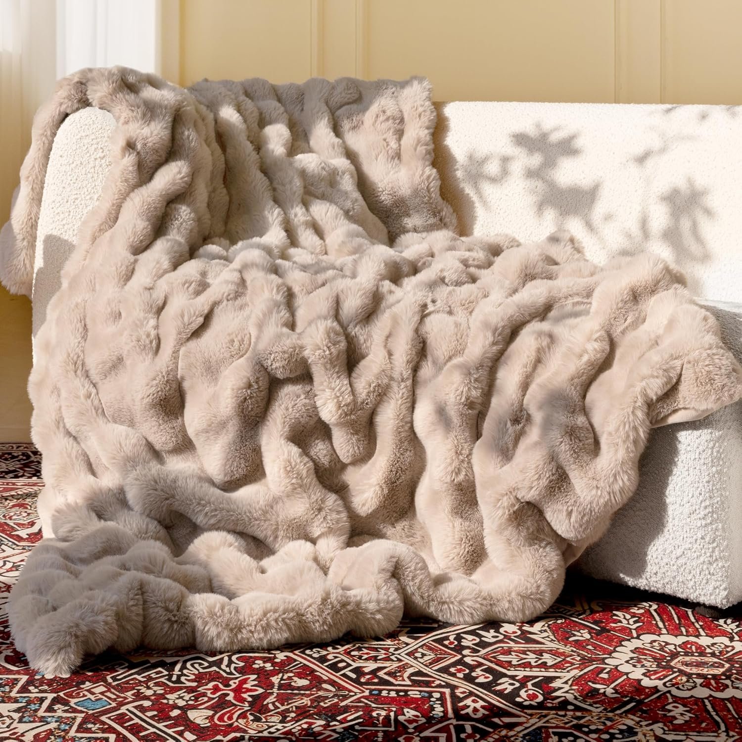 Ultra Soft Cozy Faux Fur Throw Blanket, Fuzzy Plush Thick Bubble Blanket, Oversize Luxury Fluffy Blanket for Couch, Sofa, Bedroom, and Living Room, 50×60 Inches, Light Brown