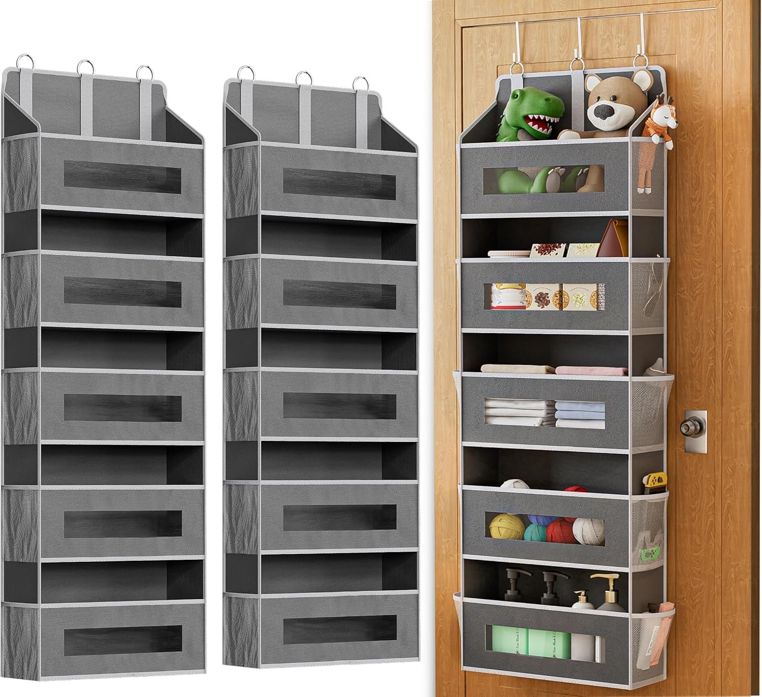 2 Pack 5 Tier Over The Door Organizer – Large Capacity Behind Door Hanging Shelves with 10 Mesh Pockets and Clear Windows, Closet Organizers and Storage for Bathroom, Bedroom, Nursery, Grey