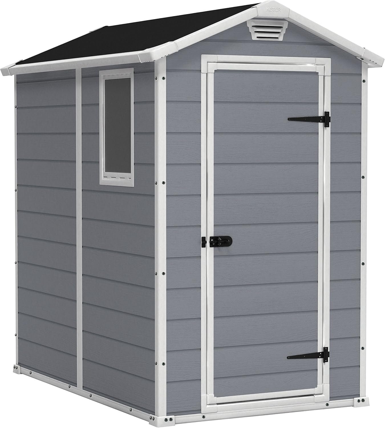 Keter Manor 4×6 Resin Outdoor Storage Shed Kit-Perfect to Store Patio Furniture, Garden Tools Bike Accessories, Beach Chairs and Lawn Mower, Grey & White
