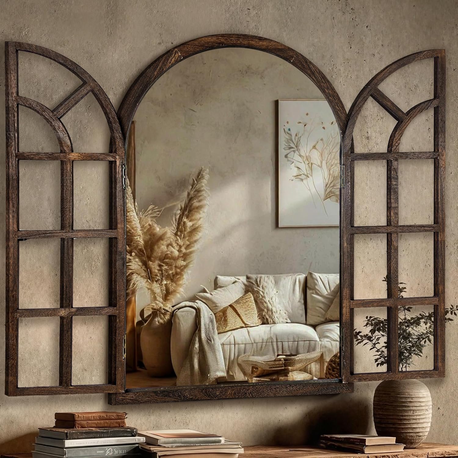Arched Wall Mirror with Wood Window Frame, 38×26 Vintage Rustic Arch Farmhouse Mirror for Wall, Living Room, Bedroom, Entryway(Brown)